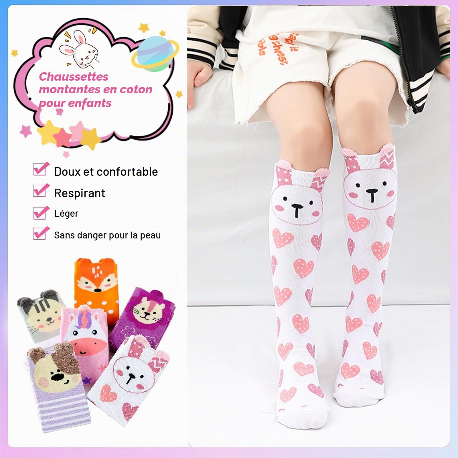 XEPST 6 Paires Filles Genou Chaussettes Hautes - Cartoon Genou Chaussettes Chaudes en Coton Mi-mollet Chaussettes pour 3-12 Ans Filles Anniversaire Cadeau De Noël - Taille Unique, Animaux A