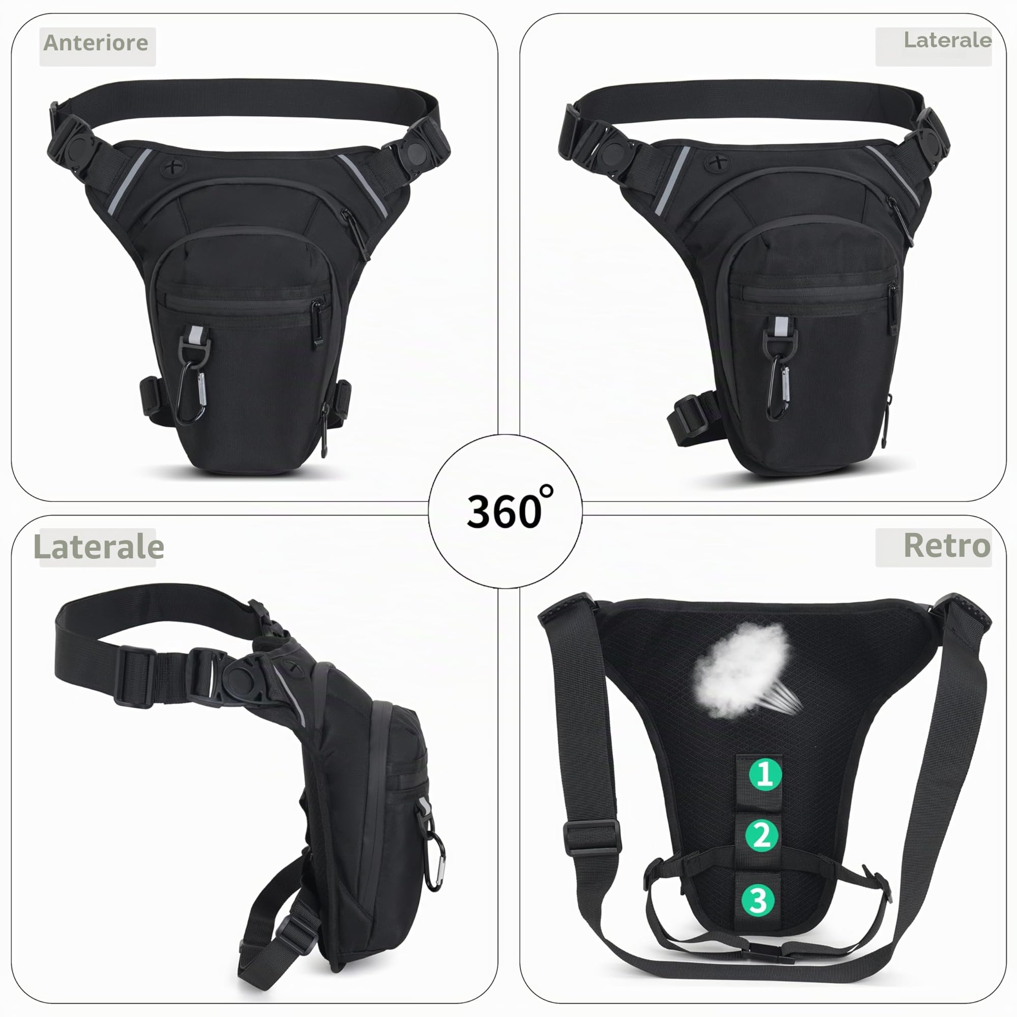 Marsupio da Gamba Moto, Borsa Cosciale con Striscia Riflettente e Cintura Regolabile per Uomo Donna, Borsello Sportivo per Ciclismo Viaggio Campeggio Pesca