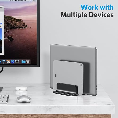 Miniatura 8 de OMOTON Soporte vertical para laptop versión Dock actualizada, soporte de escritorio doble con base ajustable (hasta 17.3 pulgadas), se adapta a