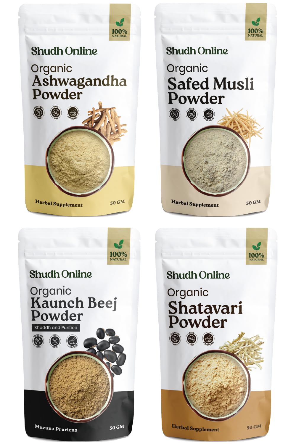 Shudh Online Safed Musli, Ashwagandha, Kaunch, Shatavari Powder Combo (Pack of 100 gram x 4 combo)