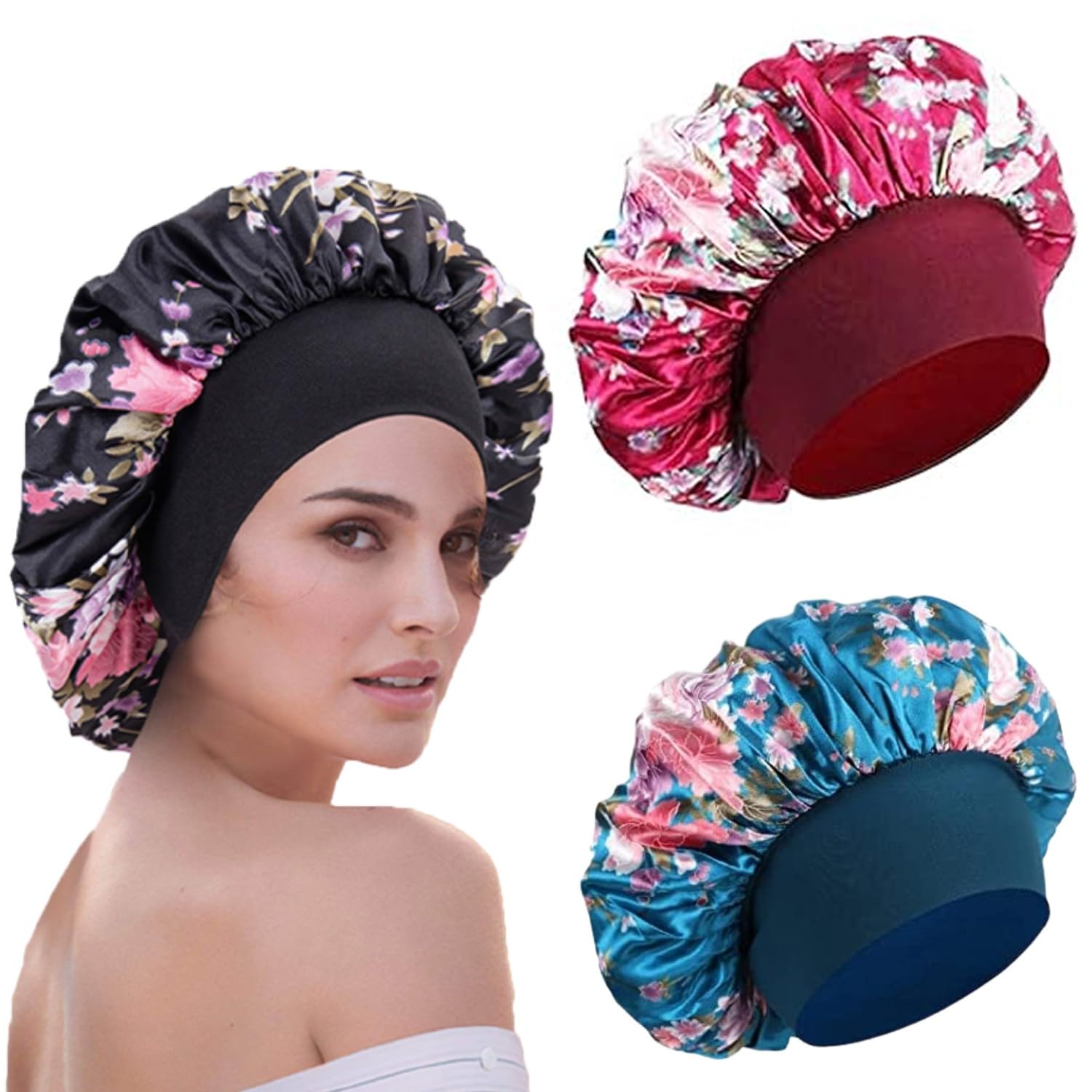 WUBAYI 3 stuks zachte satijnen bonnet, zijden haarwrap voor slapen, slaapverzorging caps, nachtslaapmuts voor vrouwen en meisjes, krullend haar, blauw, zwart, rood, one size