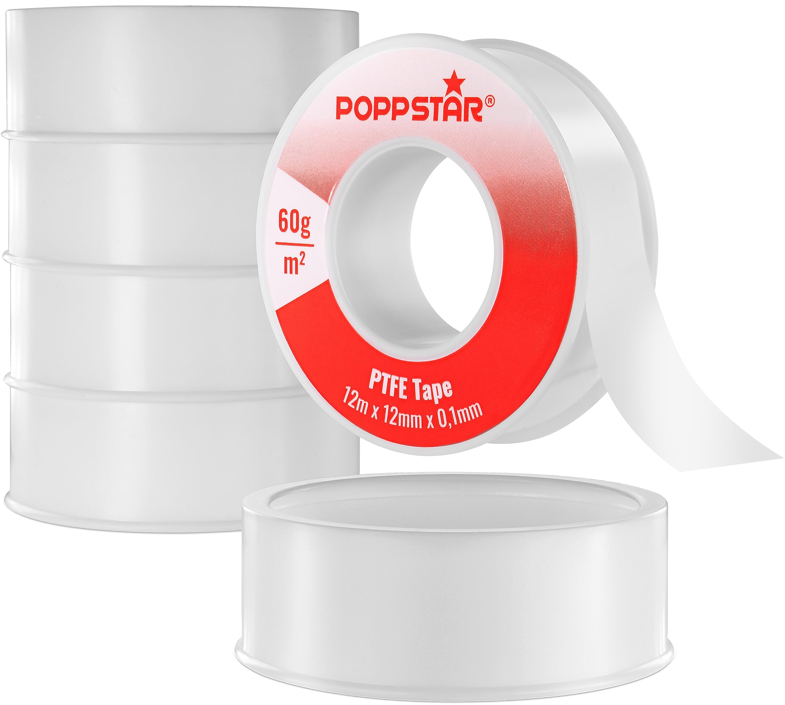 POPPSTAR Cinta de teflón DVGW 12m x 12mm x 0,1mm (cinta de sellado de PTFE de 60g/m², FRp para roscas finas, apta para agua potable), 5 rollos