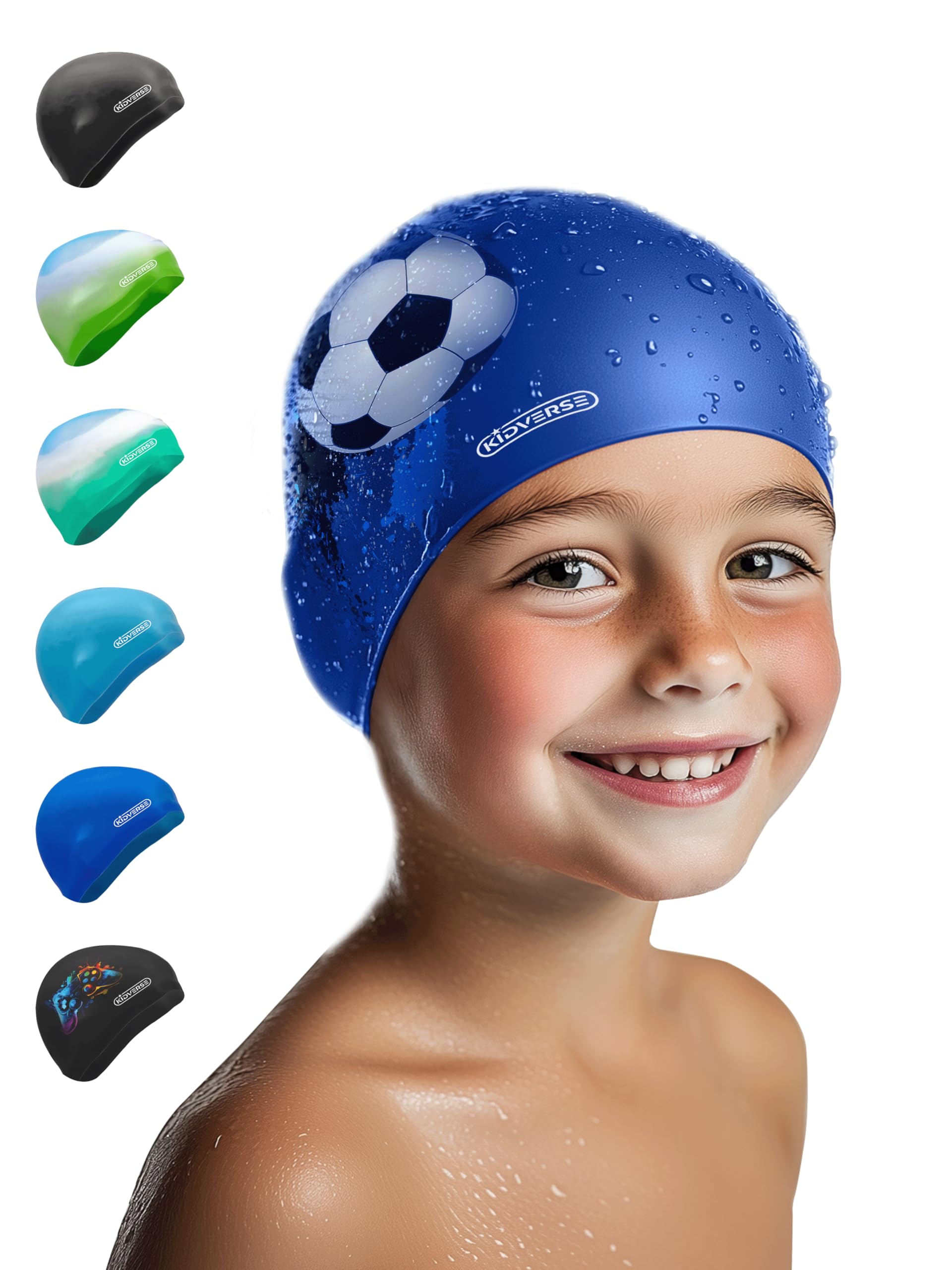 KIDVERSE Waterproof Kids Swimming Cap Boys Swim Hat with Anti-Slip Grips - Comfortable Silicone Boys Swimming Cap - Childrens Swim Hat with UV Protection