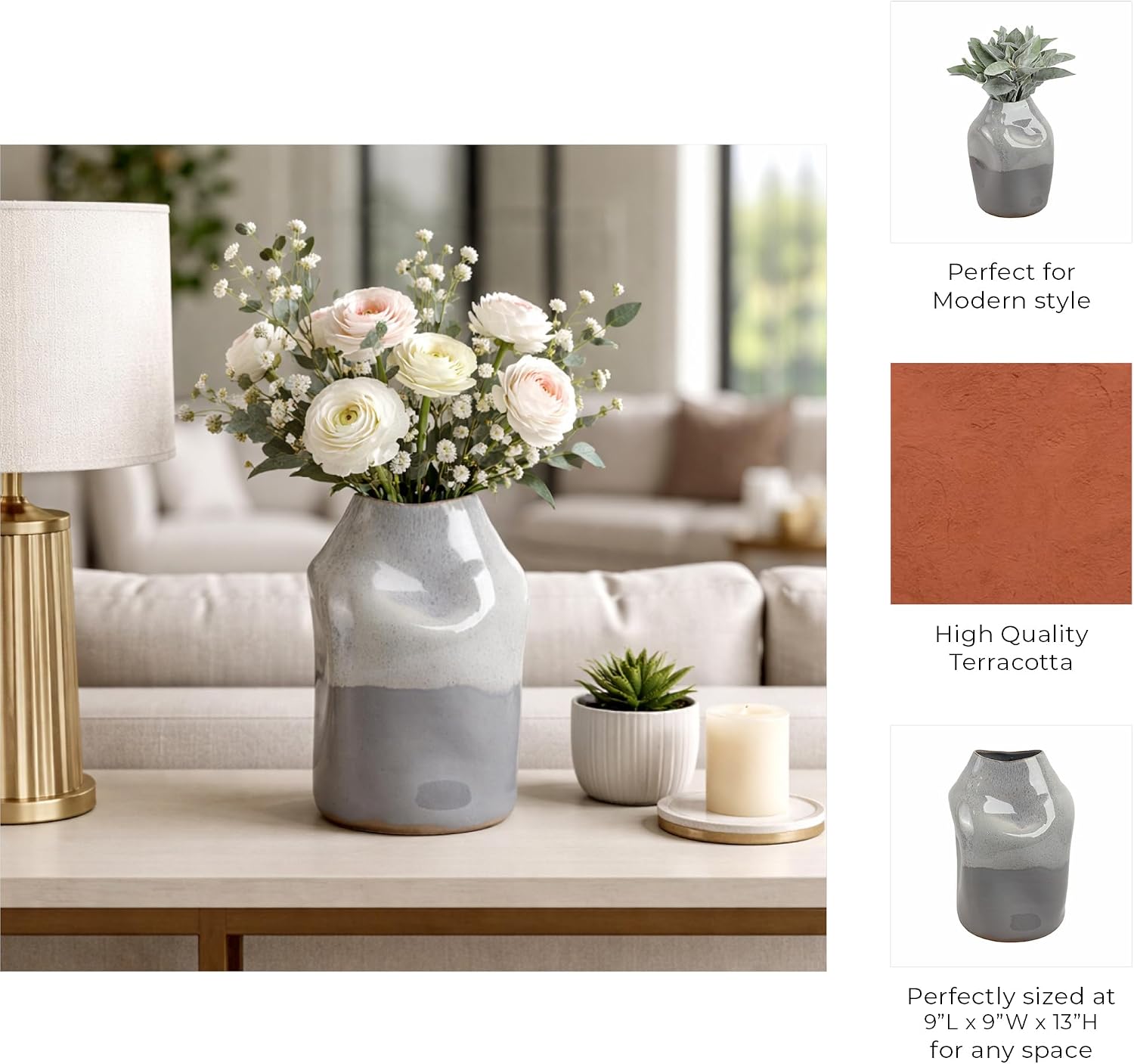 Modern Glossy Terracotta Vase for Living Room and Home Decor - Artisan Soft Curved Accent for Room, Bedroom and House Display - Elegant Flower Vase for Office and Table Arrangement - 13", Gray