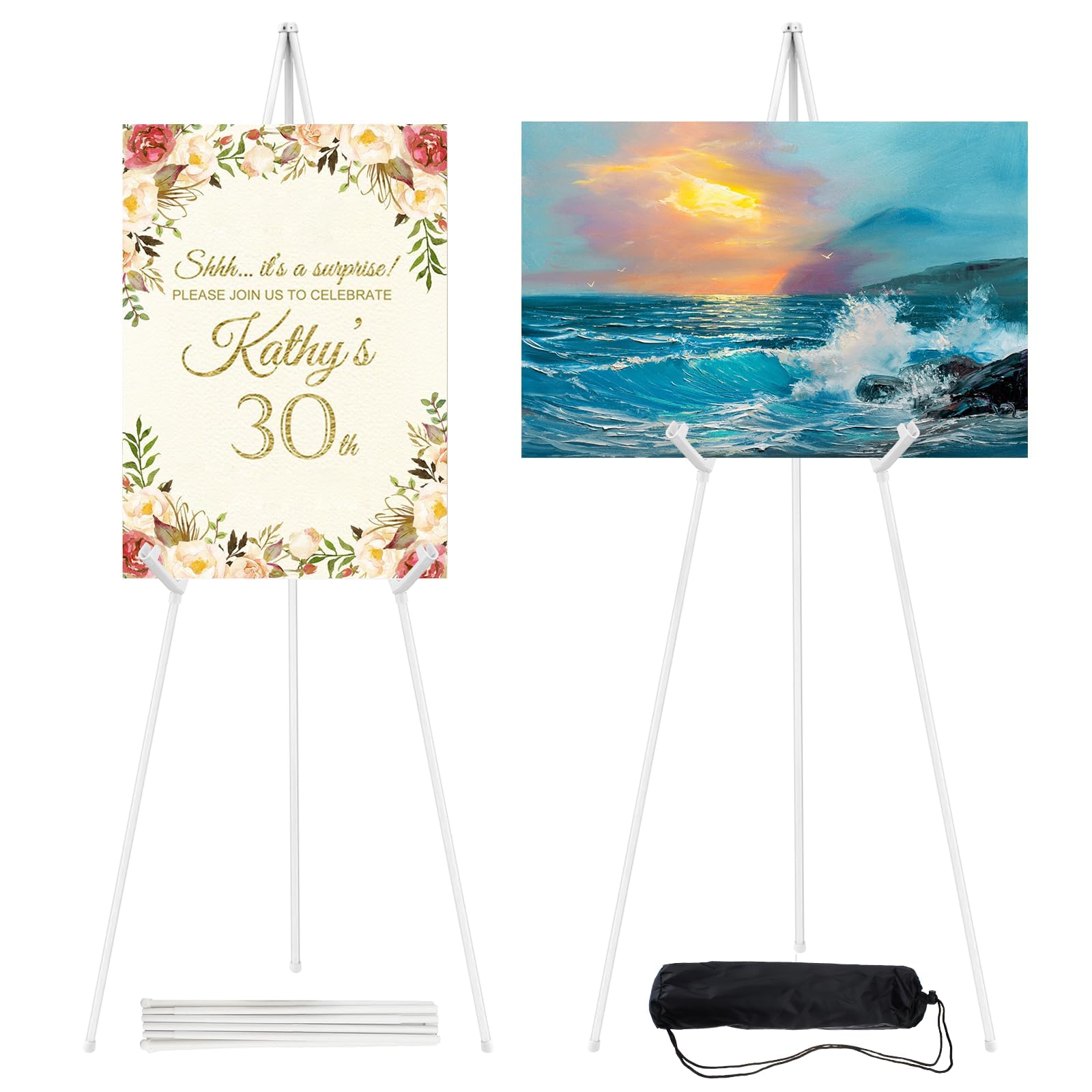 2 Pcs Easel Stand for Display, 65 Inch Adjustable Metal Easels for Display Wedding Sign & Poster, Portable Folding Easel for Wedding, Display Show, Arts, Poster with Portable Bags (White)