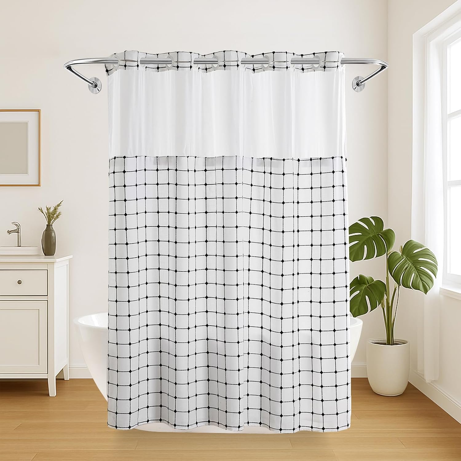 No Hook Shower Curtain with Snap in Liner, White Boho Farmhouse Linen Rustic Heavy Duty Textured Fabric Bohemian Double Layers Waterproof Shower Curtain and Liner with Sheer Window 71x74 Inch