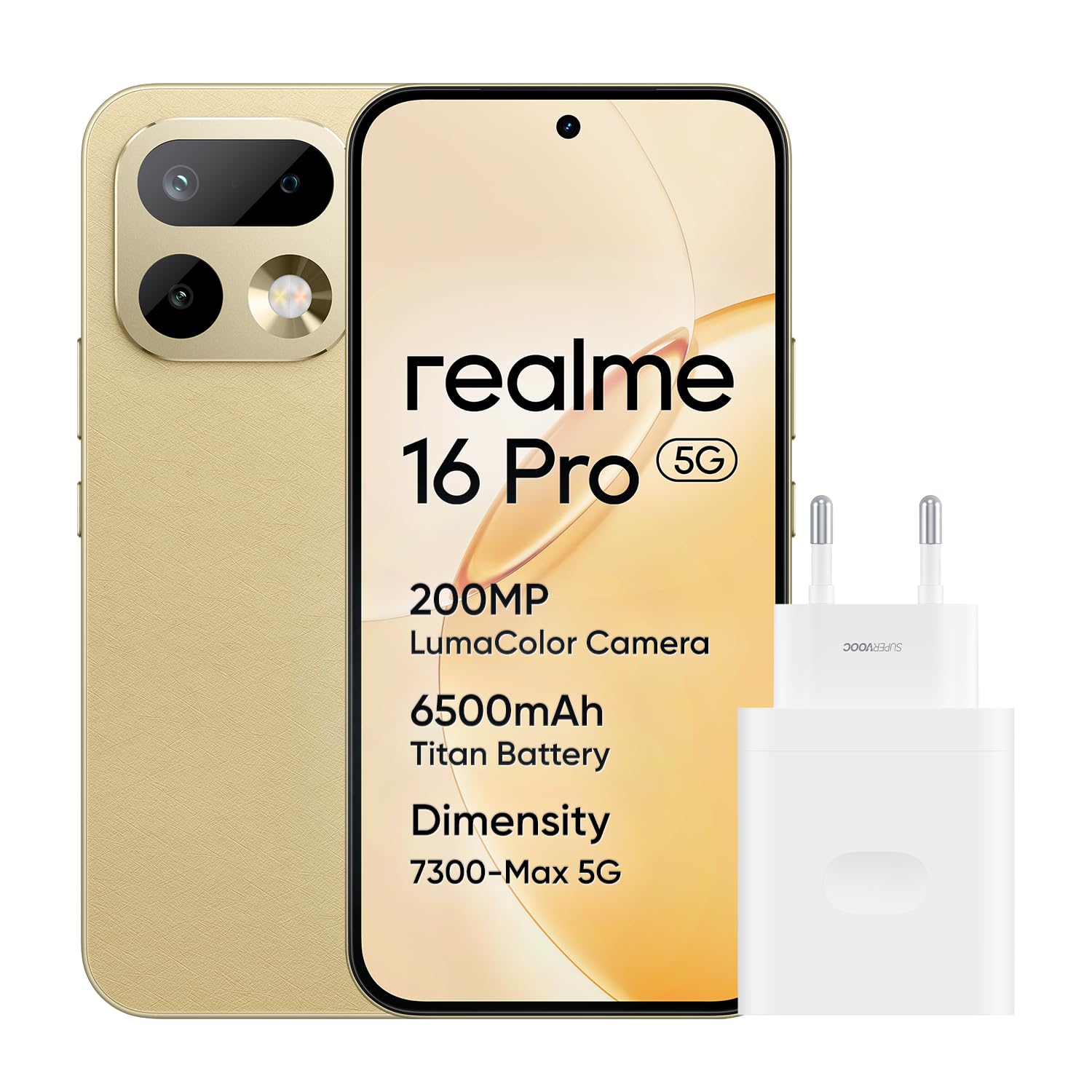 realme 16 Pro 5G Smartphone, 8GB+256GB, 144Hz AMOLED Display 6.78", Battery 6500mAh, Camera 200MP OIS, IP69K, 45W Fast Charge, Dual SIM, Next AI，Gold（No Adapter）