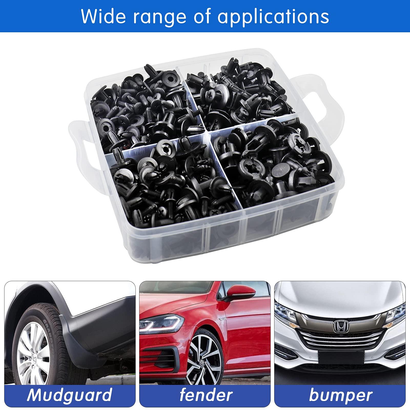 PHYLES Rivetti in Plastica per Auto, 665 pezzi Clip di fissaggio universali, Staffe per pannelli porta Clip per paraurti Set automatico con strumenti di smontaggio, fascette e cuscini spugnosi