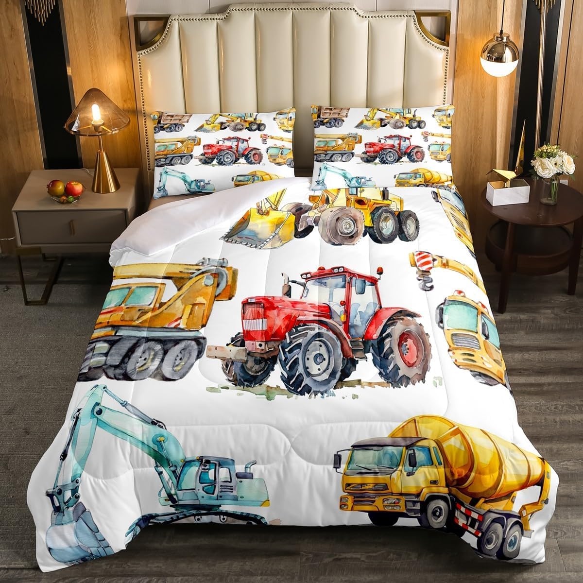Erosebridal Kids Excavator Comforter Set Full Size, Retro Truck Down Comforter for Boys Girls Teens, Tractor Machinery Construction Vehicle Bedding Set Crane Digger Mixer Quilted Duvet Bedroom Decor