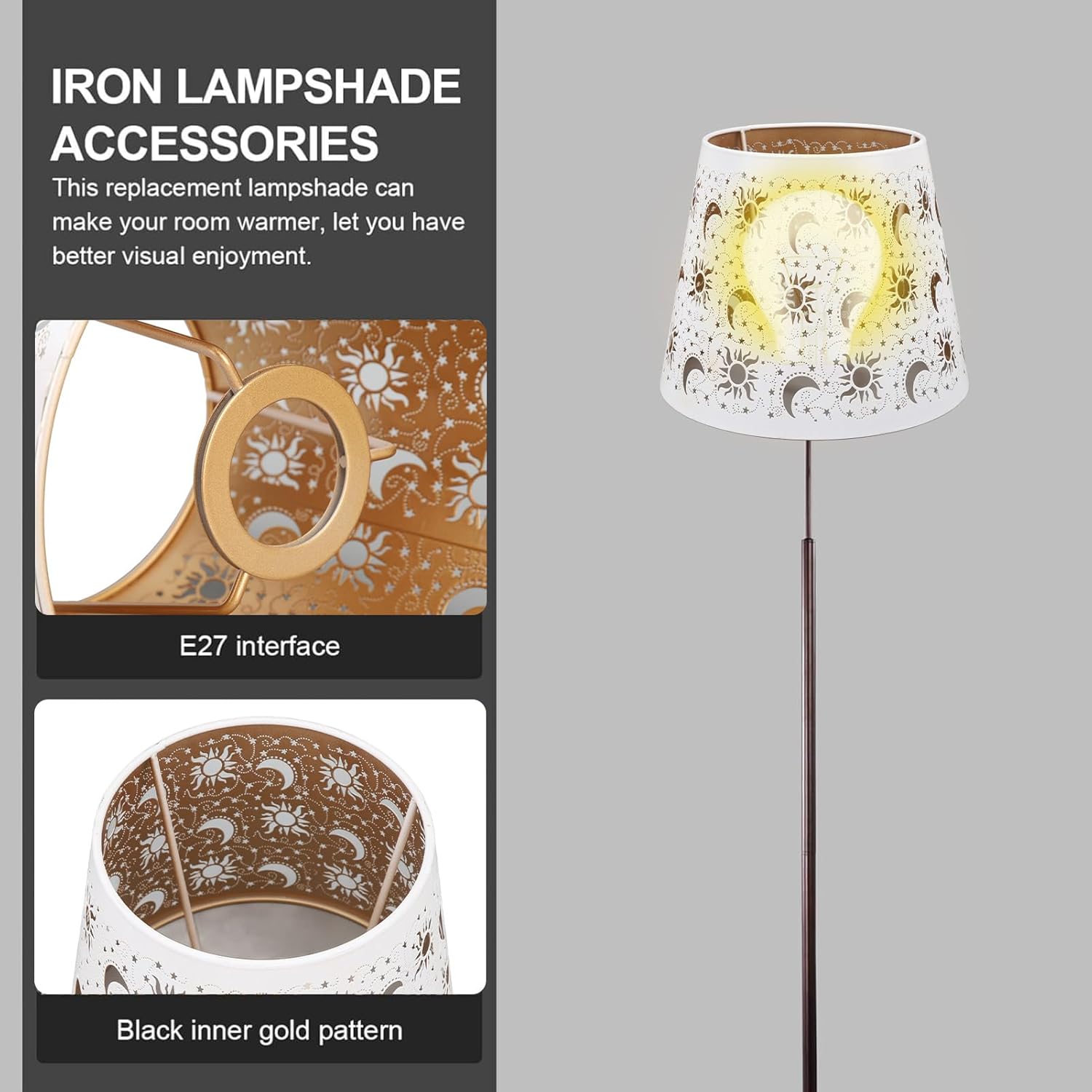 Shadow Lamp Shade, E27 E26 Clip On Table Lampshade Hollow out Iron Lamp Shade, Light Accessories for Table Lamp Floor Light, Sun Moon Star Shadow Lamp Shade