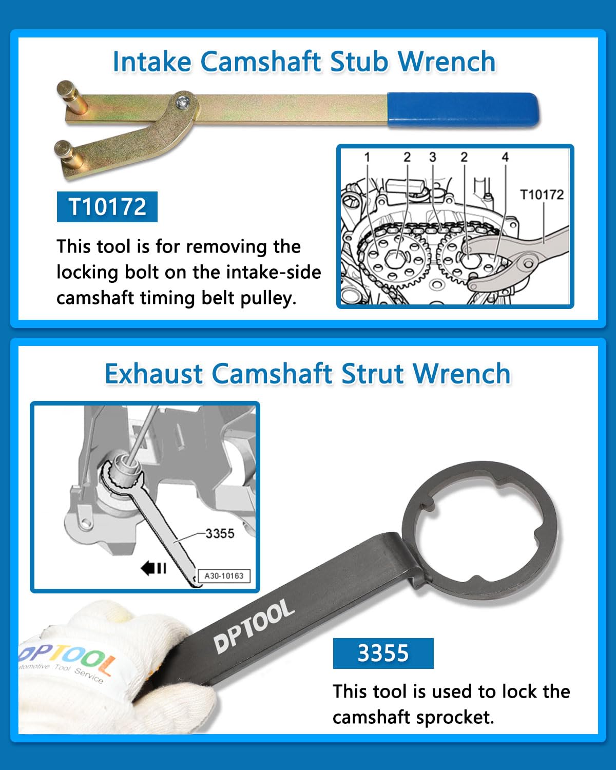 DPTOOL Set di 8 strumenti per la regolazione della distribuzione dell'albero a camme e dell'albero motore, per motori VAG EA211 1.0L 1.2L 1.4L 1.6L FSI TSI TFSI a benzina, compatibile con VW Audi A3