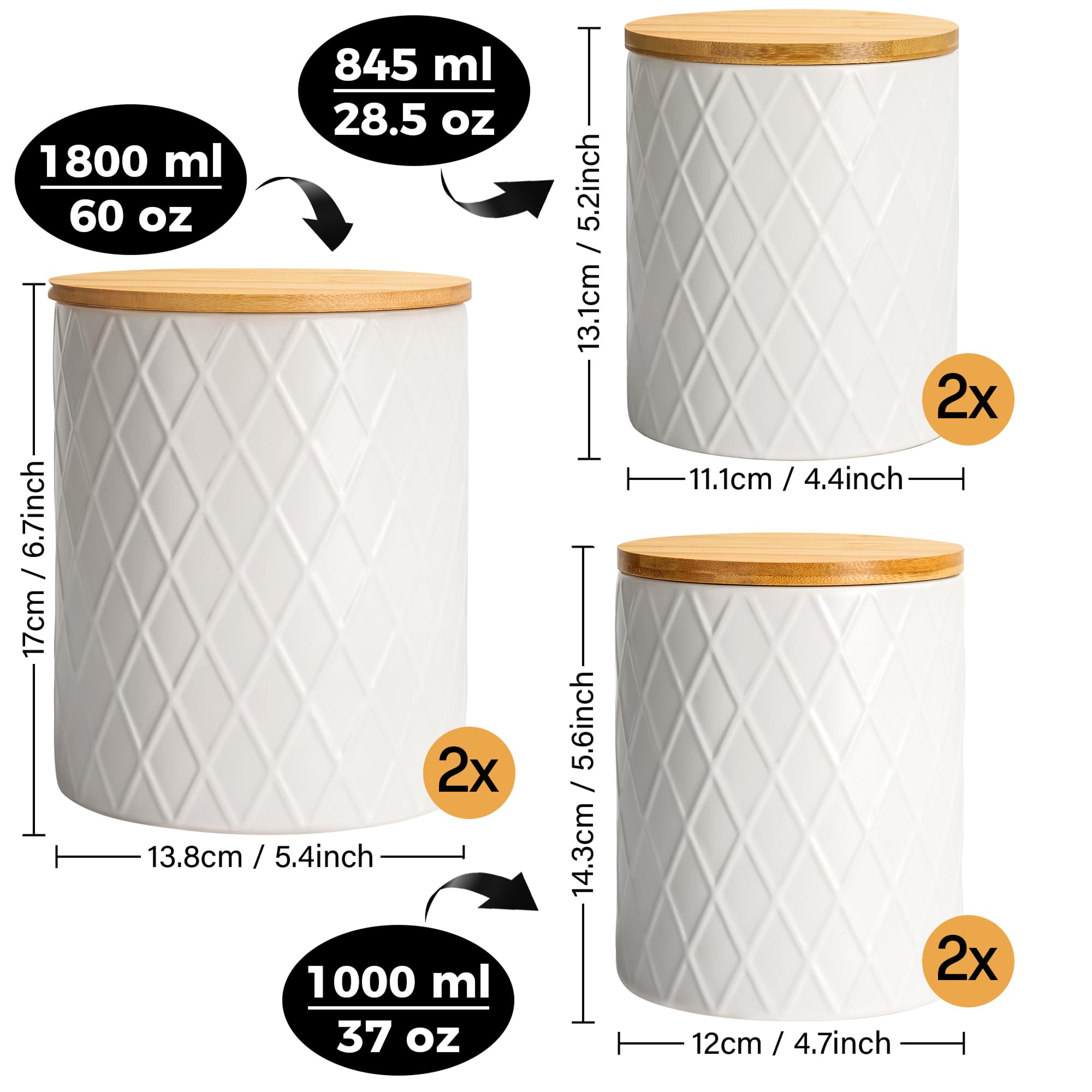 MIAMIO - Vorratsdosen Set 6 / Keramikdosen für Küche - Palmanova (Weiß) | Keramik-Vorratsdosen mit luftdichten Holzdeckeln für Kaffee, Tee, Zucker, Mehl und Salz zur Küchenaufbewahrung zu Hause