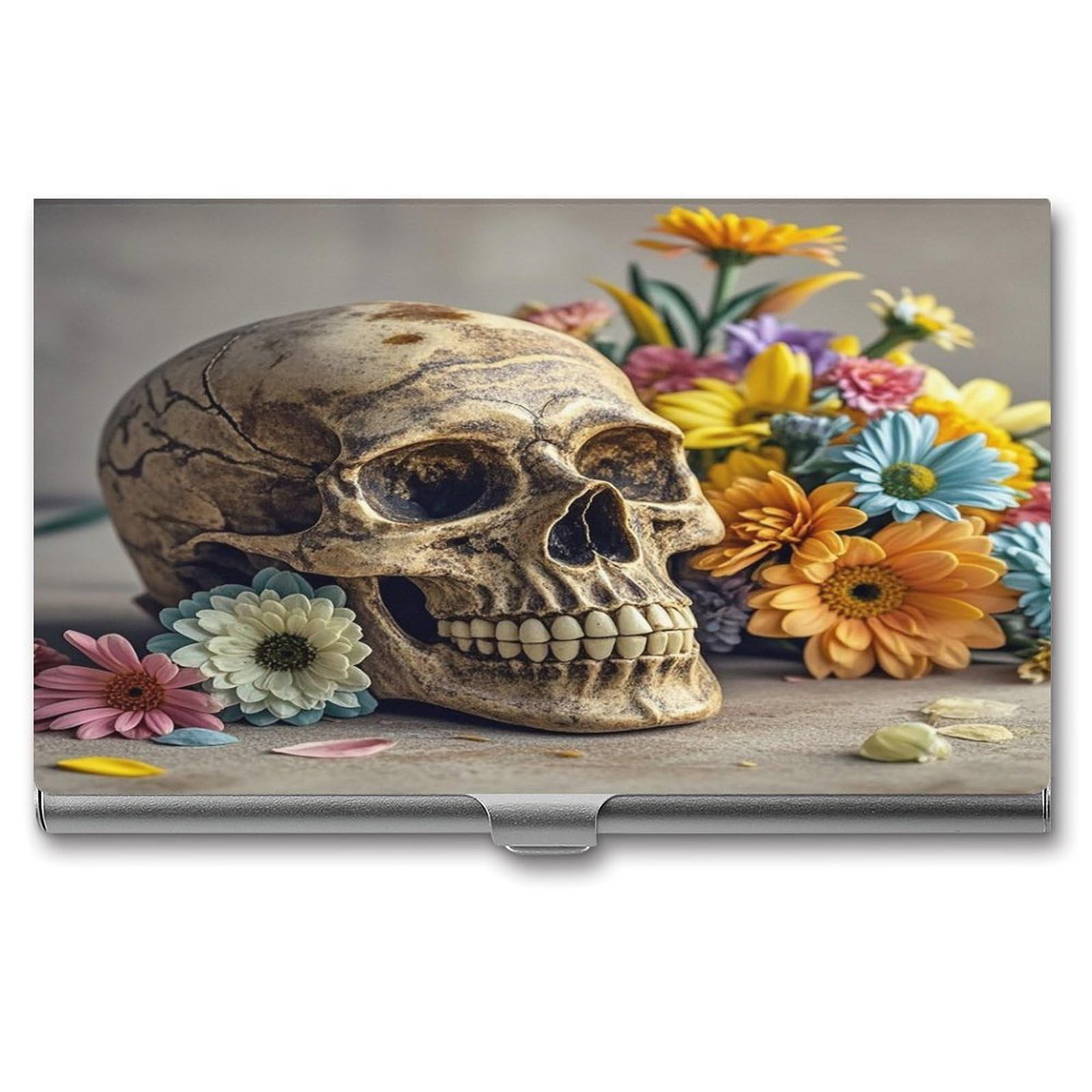 FekiLoot Ancient Skull And Flowers Business Card Holder Aluminum Alloy Business Card Case Convenient to Carry Business Card Dispenser for Men Women