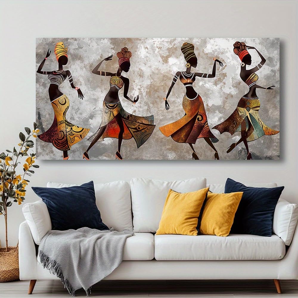 awitufhgp Abstrakcyjny obraz inspirowany Afryką - Nowoczesna grafika na płótnie, żywe tańczące figury, ziemiste odcienie, do salonu i sypialni (45 x 90 cm/z ramą)
