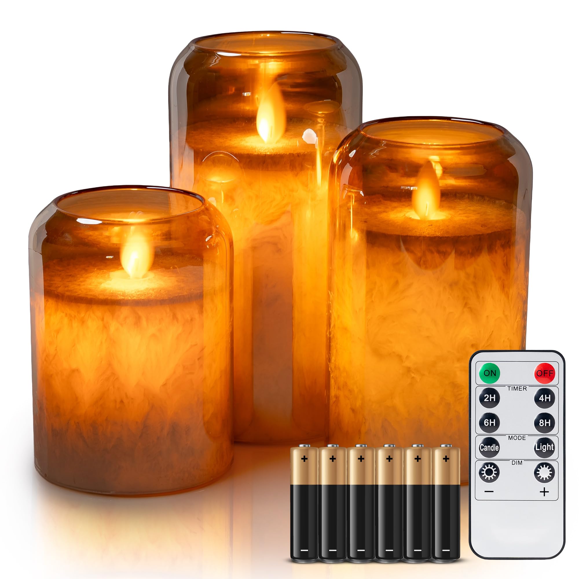 Wyzworks Round Gold (Mottled Glow) Dual Led Flameless Pillar Candles Set Of 3, Moving Wick Flickering Flame, Full Body Glow Real Wax Frosted Mirrored Glass Hurricane, Remote & Timer, Battery Operated (Batteries Included) Gold