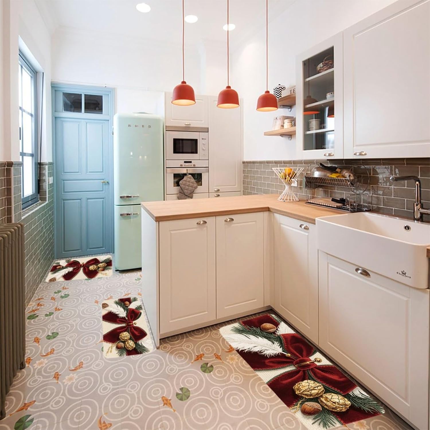 Christmas Bow Kitchen Mats for Floor 3 Pcs Kitchen Rugs