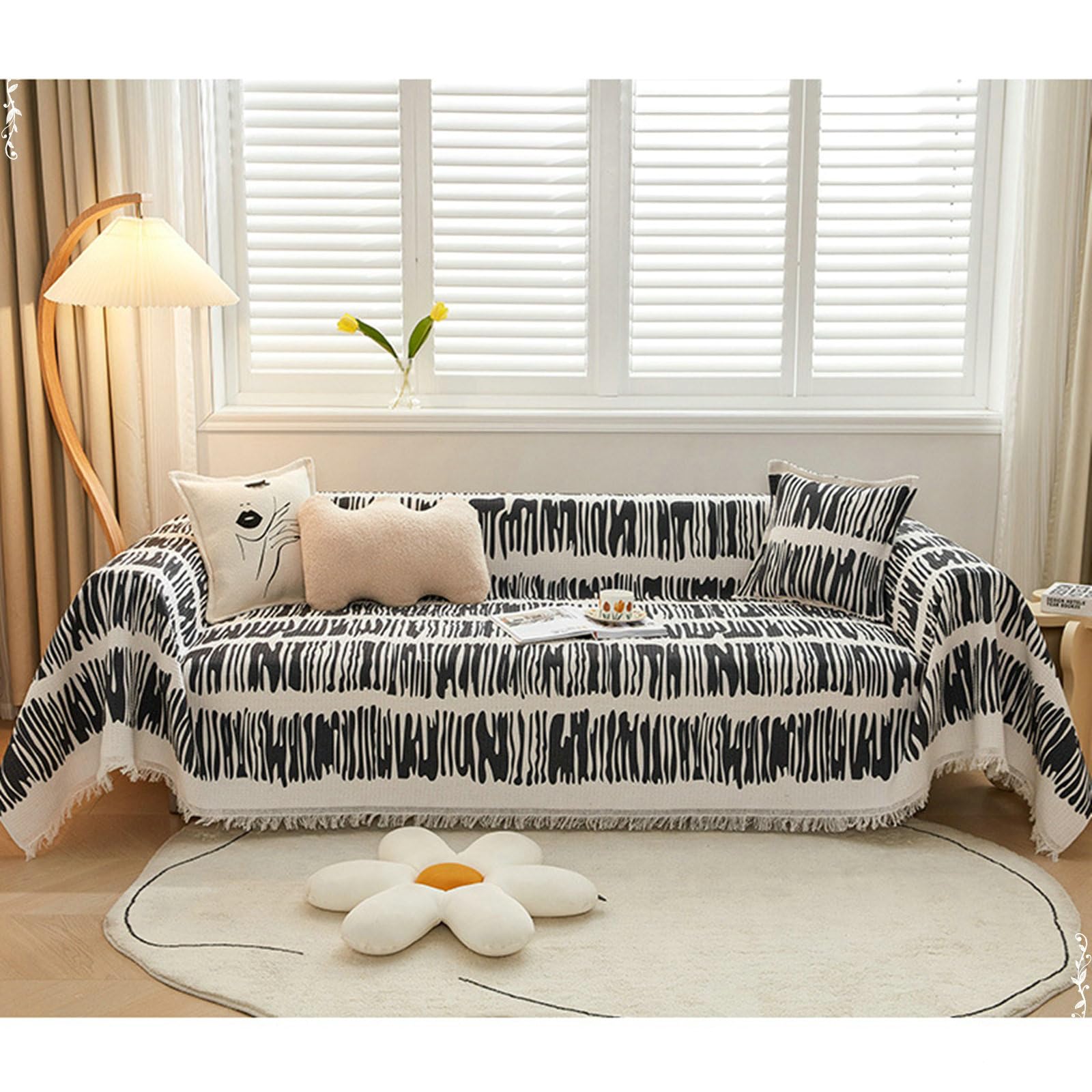 KnSam Housse de Canapé, Plaid Coton Lin, 180x260CM, Noir, Motif Graphique Gaufré, Couverture Décoration Protection, Anti Griffe de Chat Chien, Convient à 2 Places