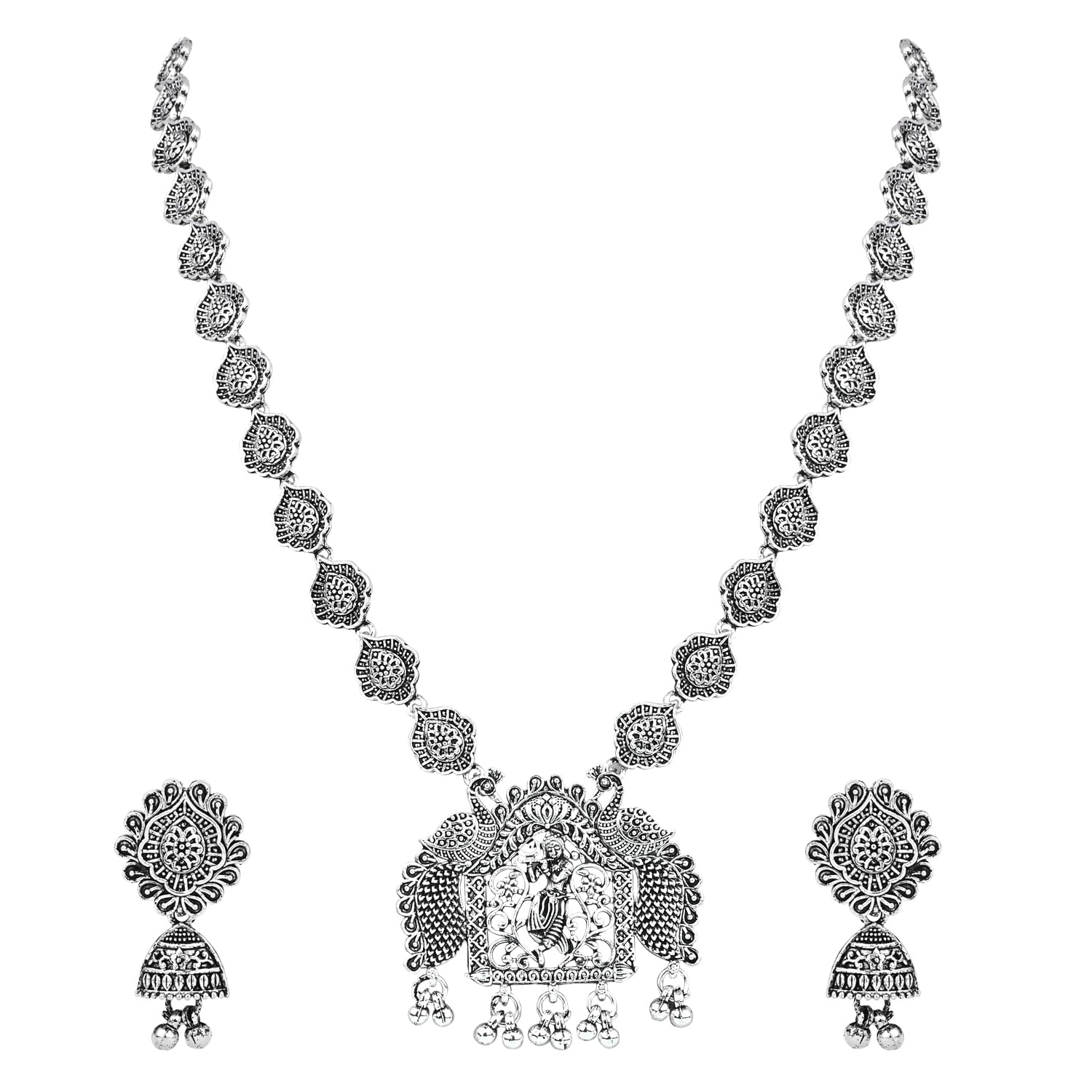I JewelsEthnic Silver Oxidised Floral Design Ghungroo Long Necklace Jewellery With Earrings Set For Women/Girls