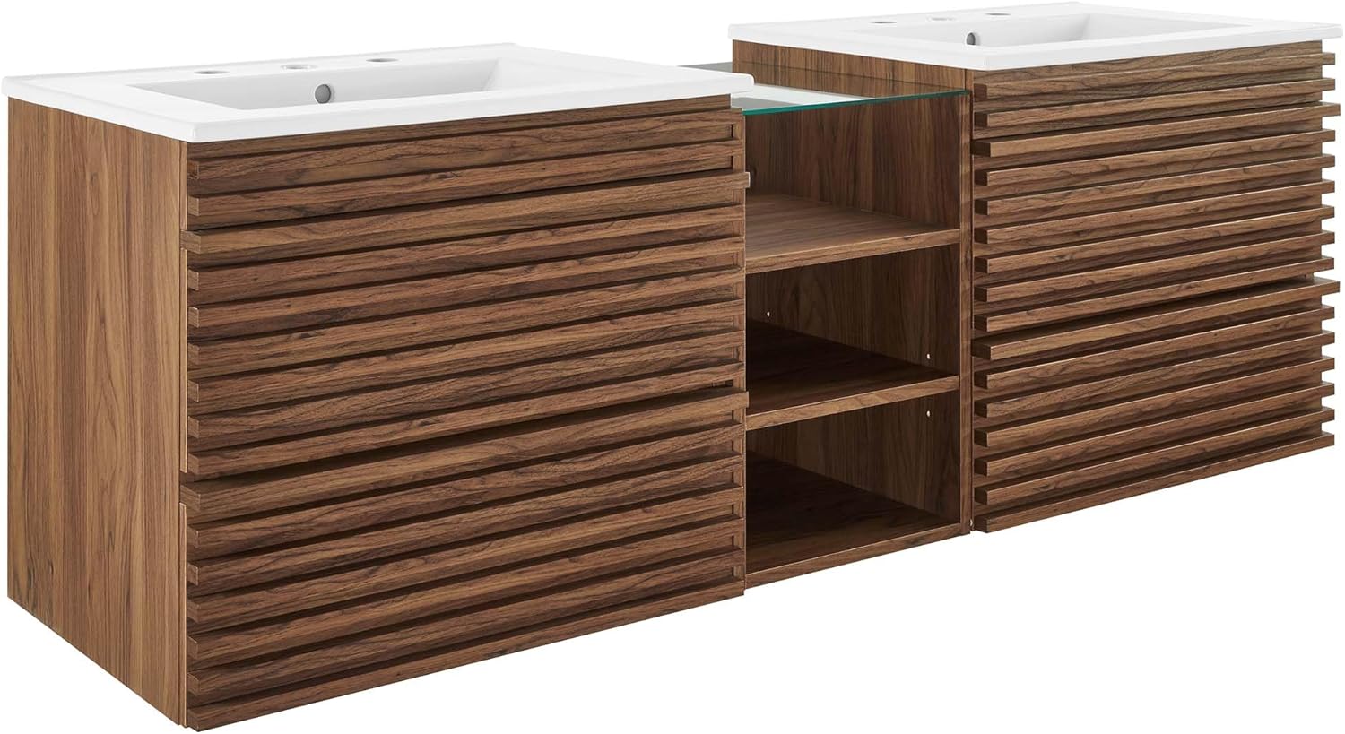 Modway Render 62 Inch Mid-Century Modern Floating Bathroom Vanity with Double Sink in Walnut White – Wall-Mount Vanity with Storage Cabinet and Dual Ceramic Sinks