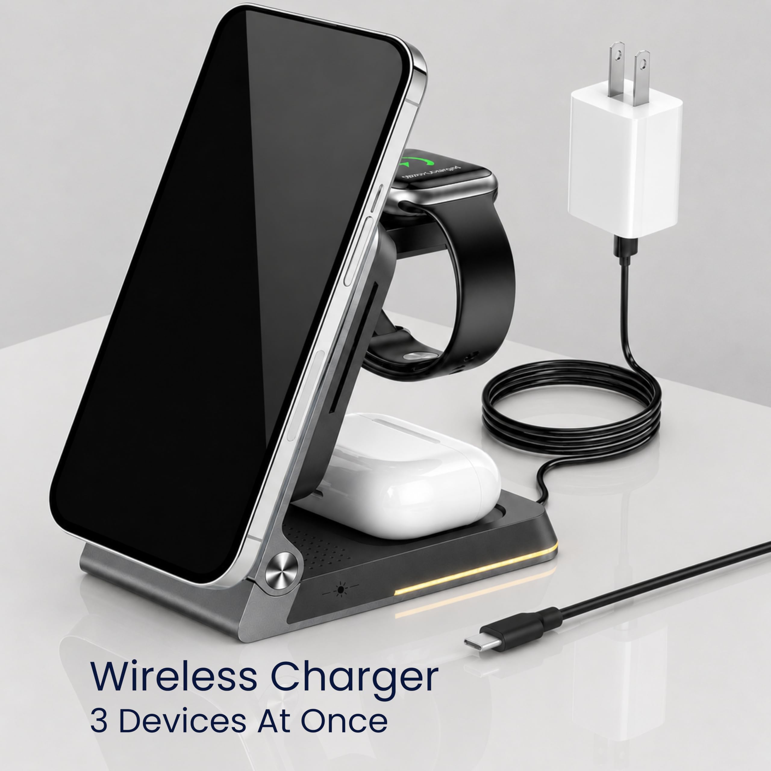 Qi2 3 in 1 Faltbare Magnetische Kabellose Ladestation für Apple Geräte 15W Schnellladegerät für iPhone 11-17, Apple Watch und AirPods Tragbares Reise-Dock, kompatibel mit MagSafe. 30W Adapter