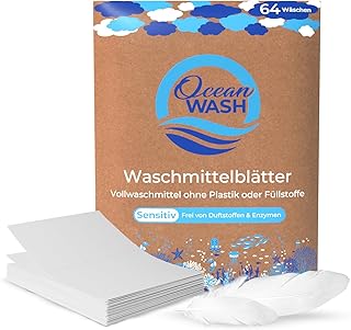 OceanWash Waschmittelblätter Sensitiv, Waschblätter Waschmaschine für alle Textilien und Farben, Waschtücher biologisch abbaubar, Laundry Detergent Sheets Vollwaschmittel, 64 Wäschen