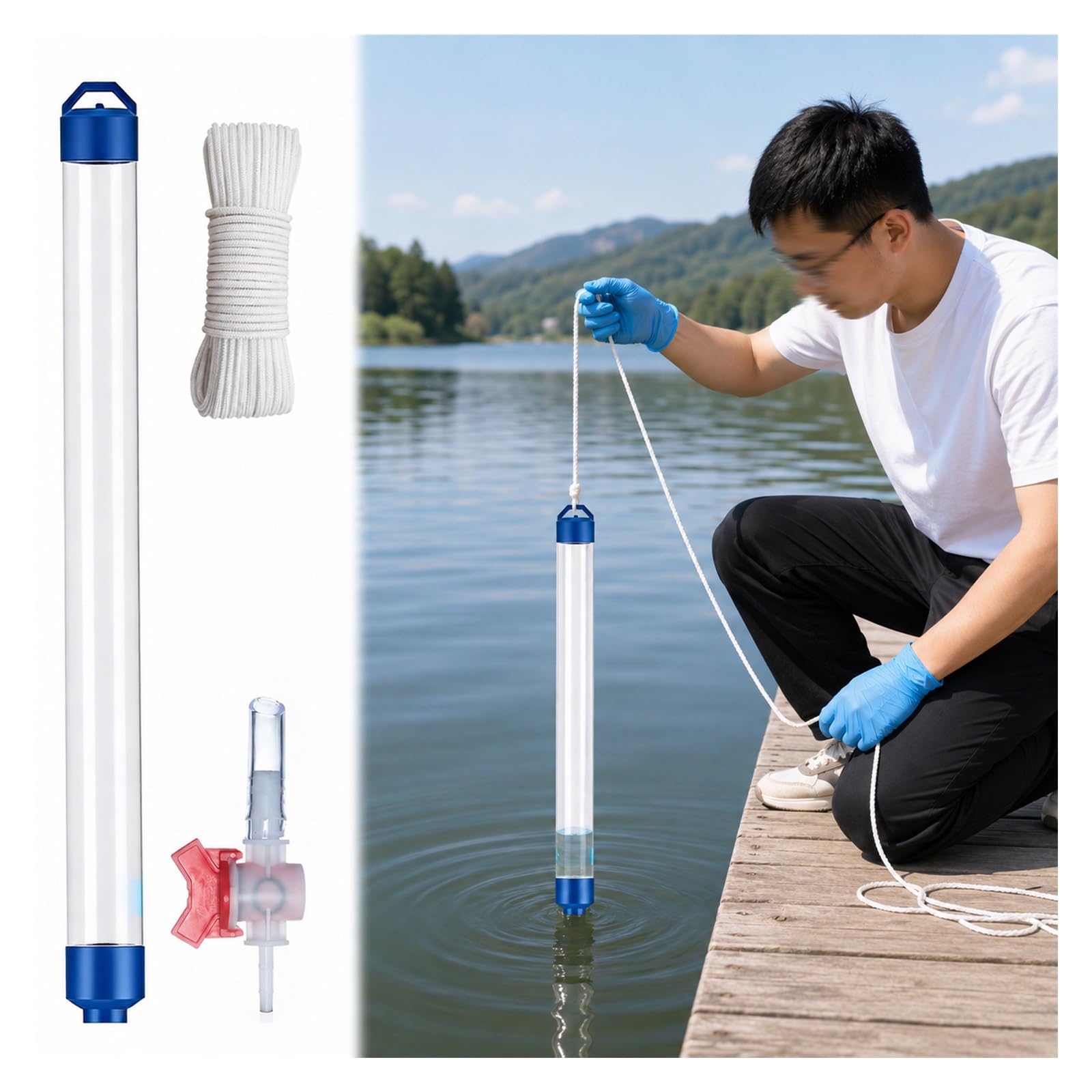 MZZKFC PVC Liquid Sampling Dipper with Valve & Rope，Slender Water Sampling Tube 250 500 1000ml，Reusable Deepwater Sampler for River/Lakes/Ponds/Wellhead(0.25 L)