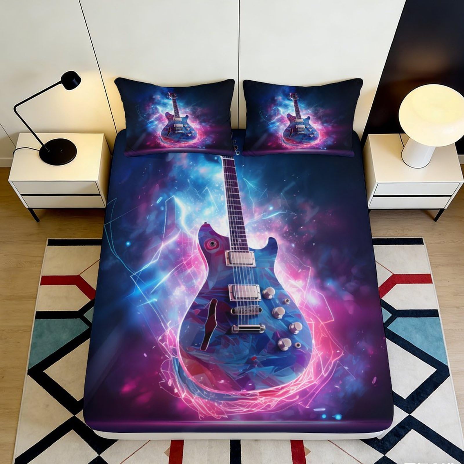 Decorative Galay Guitar Fitted Sheet 3D Printed Microfiber, Soft Touch, Bed Cover for Bedroom or Guest Room, Easy Care, Apartment Bedding, chars 120x200x25cm