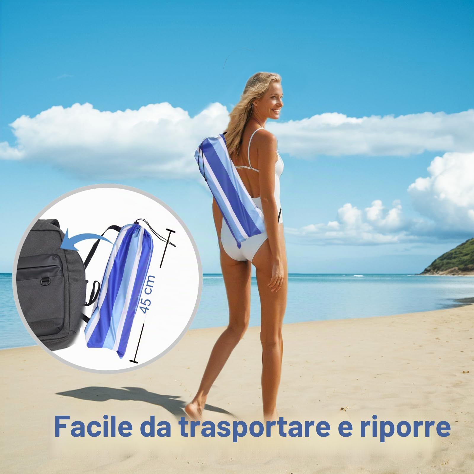 LOTTAFUN Ombrellone da spiaggia da 2 m, resistente, resistente al vento, UV 50+, portatile, con ancoraggio per sabbia e borsa per il trasporto, ombrello pieghevole per spiaggia, piscina, patio