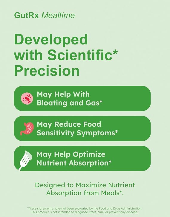 Mealtime Digestive Enzymes Lactase, Lipase & Bromelain for FODMAP, Carb, Fat & Protein Breakdown with Alpha-Galactosidase for Bloating, Gas & Food Sensitivities 30 Capsules