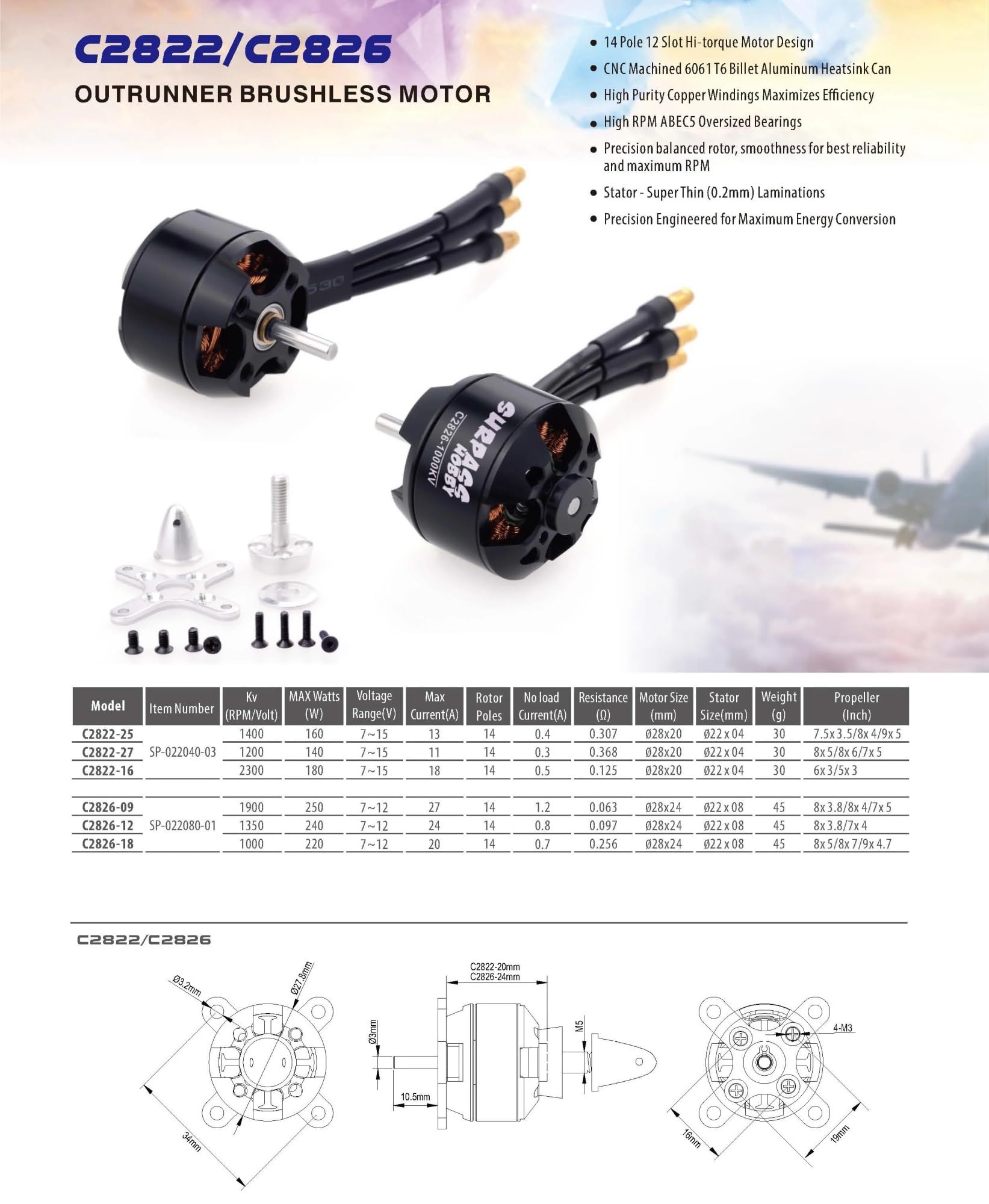 Motore Brushless C2822-C5056 per Drone Quadricottero RC FPV Alta Efficienza | Motore outrunner bilanciato, cuscinetti ABEC5, rame puro, KV 335-1900, leggero e robusto(C2830 850KV)