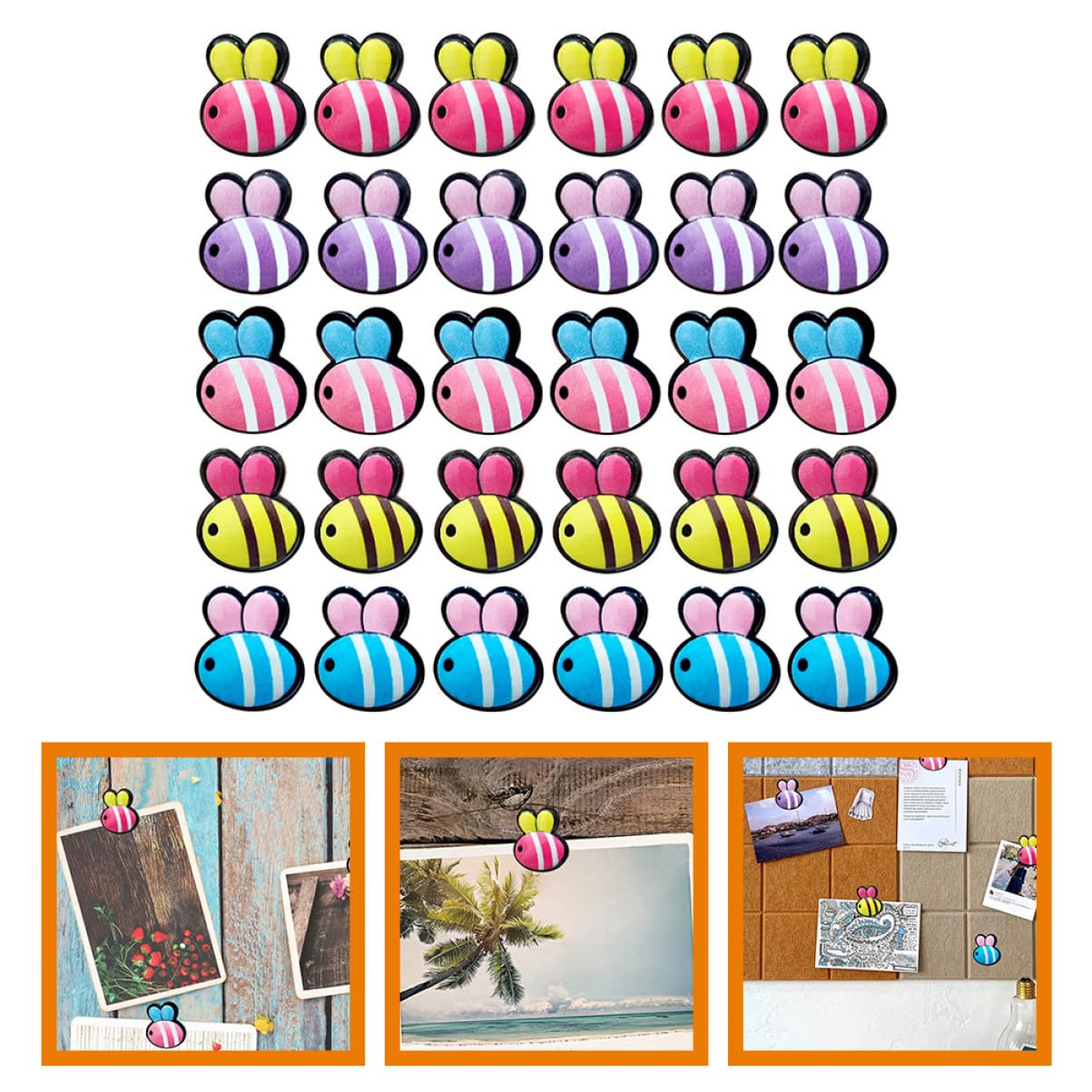 Lurrose 5 Ensembles Dessin Animé Abeille Cinq Couleurs Décoration Murale Clou en Forme De I Outil De Tige De Porte Punaises Stylo en Forme d'abeille Punaises De Tableau 30 pièces * 5