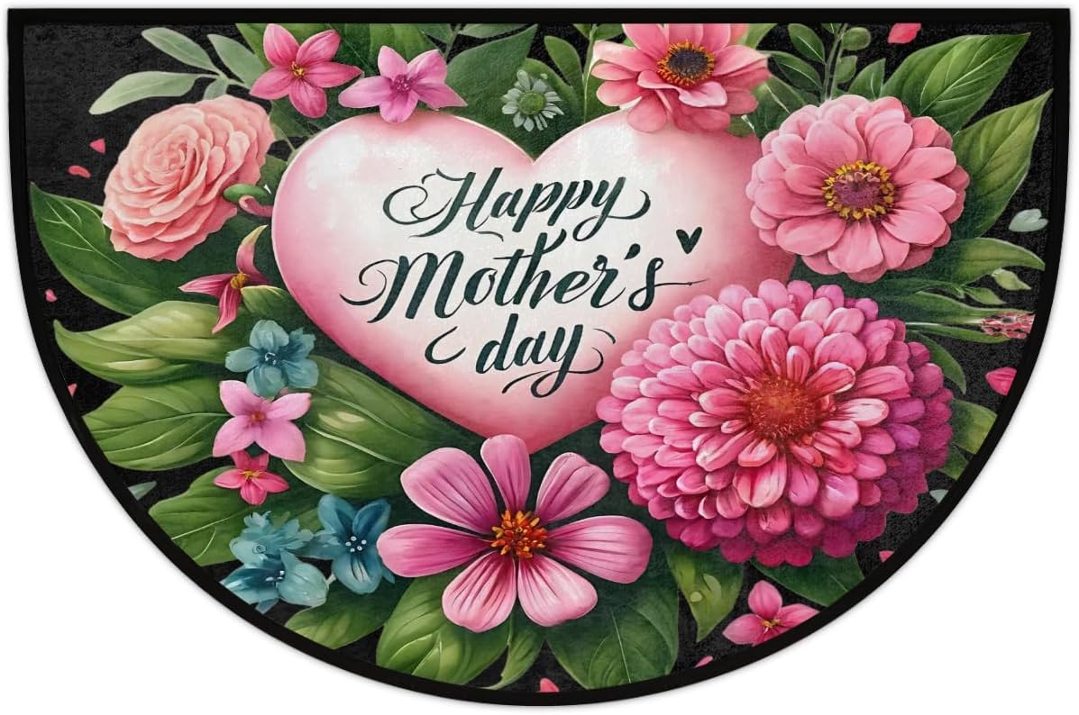 Half Round Doormat Mother's Day Pink Flower Washable Semi Circle Rug Non Slip Absorbent Half Moon Rug Kitchen Mat for Indoor Outdoor Bathroom Patio Front Welcome Fireplace Hearth Floor Mat