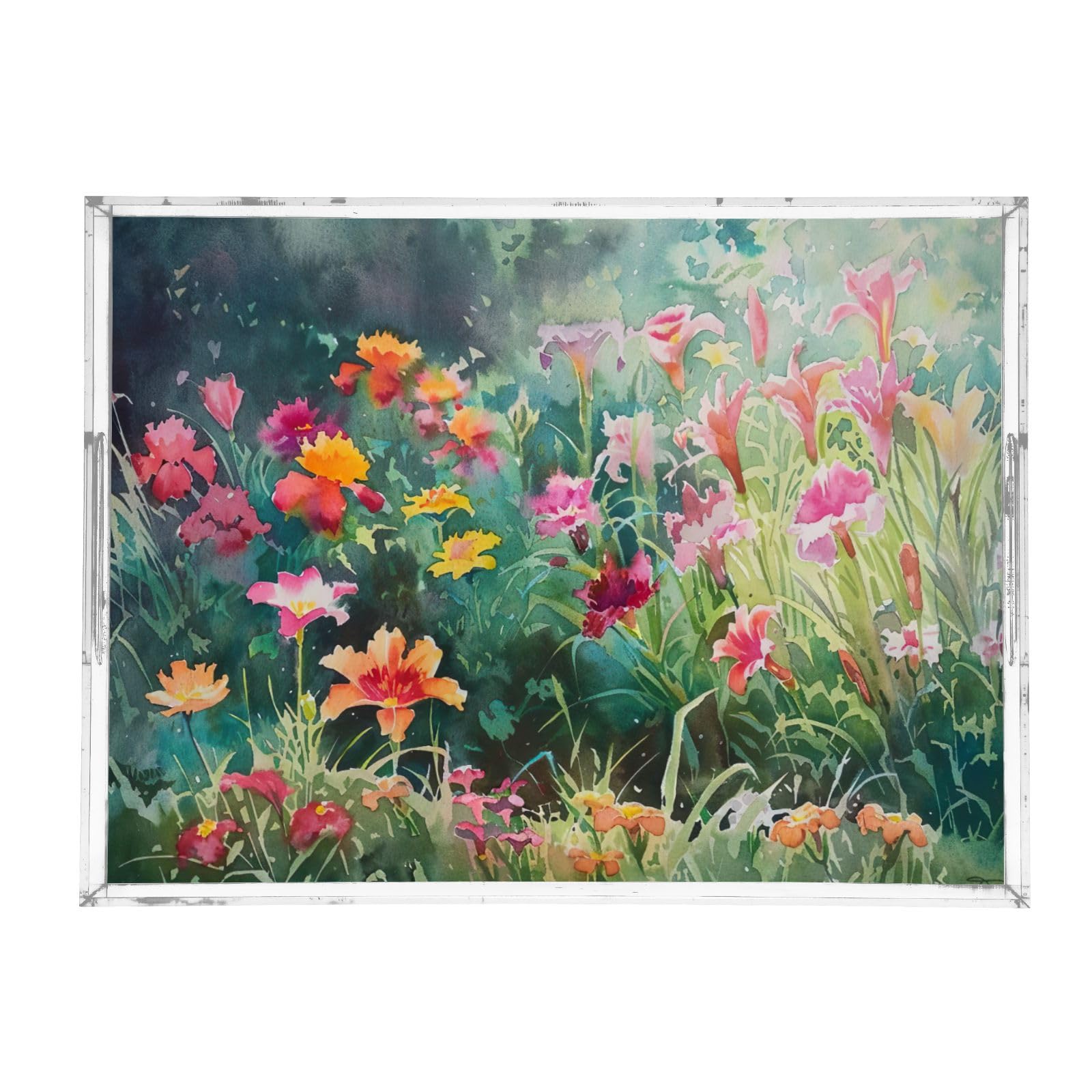 BOESI Watercolour Colourful Flower Pattern Acrylic Decorative Dining Tray, Acrylic Decorative Tray Organizer with Handle for Kitchen, Dining Room, Bathroom, Dresser
