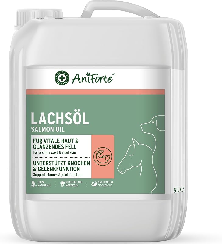 AniForte Huile de Saumon pour Chiens & Chevaux 5 L - Huile de Poisson Naturelle de Norvège Riche en oméga 3, Huile Premium, supplément Barf pour Chiens sans additifs