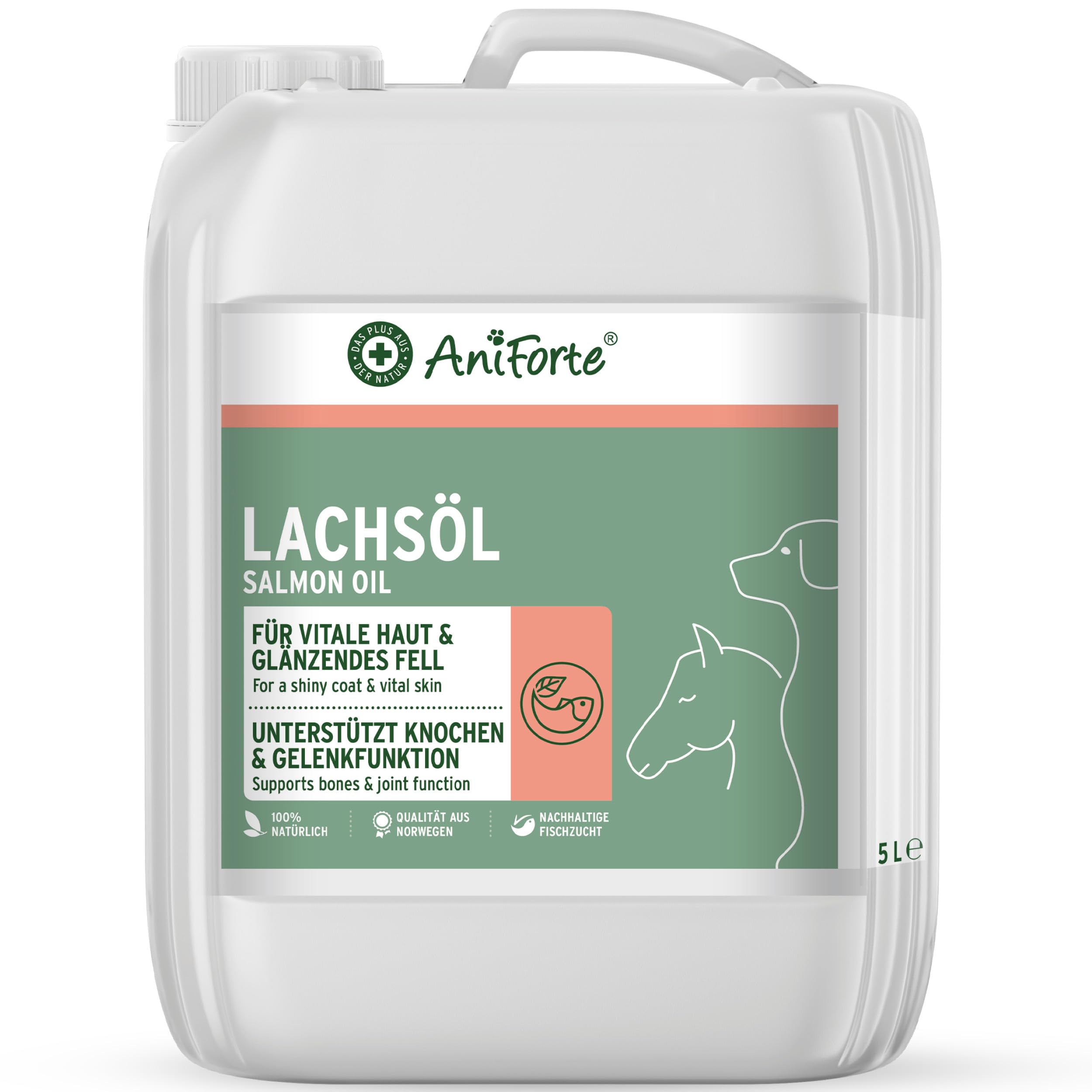 AniForte Lachsöl für Hunde & Pferde 5 Liter - Premium Natur Fischöl aus Norwegen reich an Omega 3 & 6, Futter Ergänzung, Barf Öl für Hunde ohne Zusätze, frisch abgefüllt in Deutschland