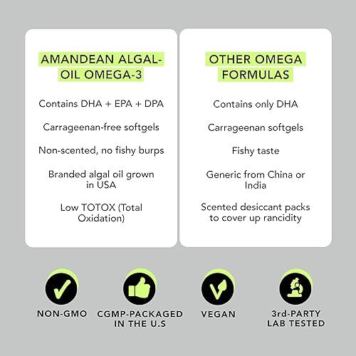 Miniatura 4 de AMANDEAN Suplemento vegano de Omega 3. Alternativa de aceite de pescado de primera calidad. Algas DHA y EPA. Cápsulas blandas sin carragenina.