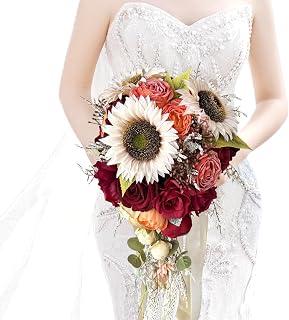 10 Inch Sunflower Rose Bouquets for Bride Fall Wedding Burgundy Burnt Orange Large Cascading Bridal Bouquet Artificial Silk Flower Boho Rustic Ceremony Anniversary Decor Toss Bouquet