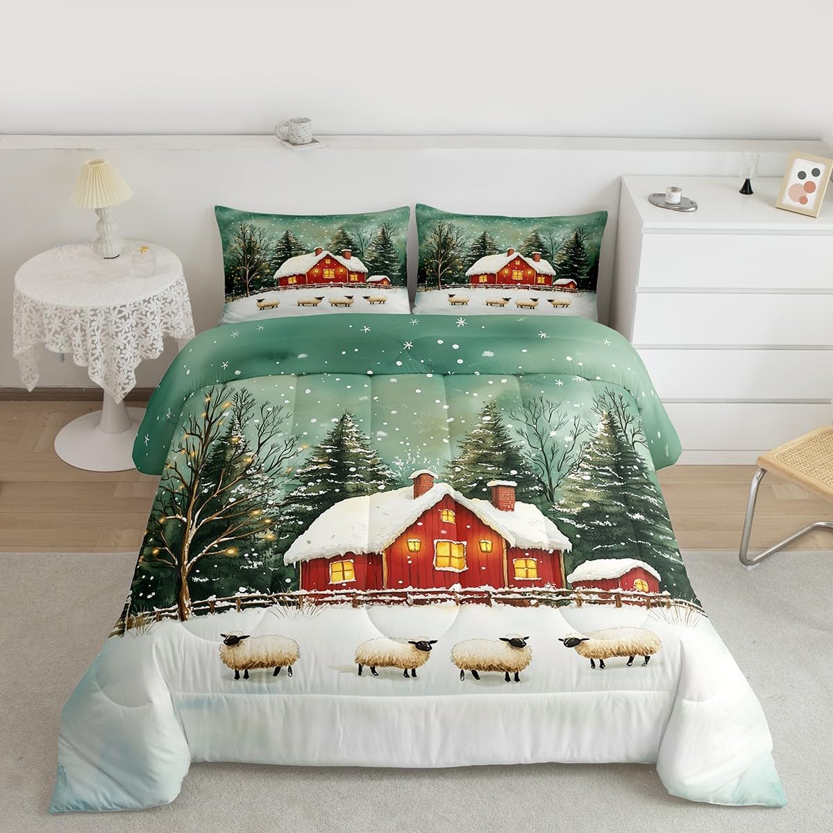 Christmas Cabin Bedding Sets Queen Size 3 Pcs,Cartoon Cute Sheep Farm Animals Comforter Set for Kids Teens Adults,Watercolor Green Pine Trees Rustic Style Quilted Comforter with 2 Pillowcases