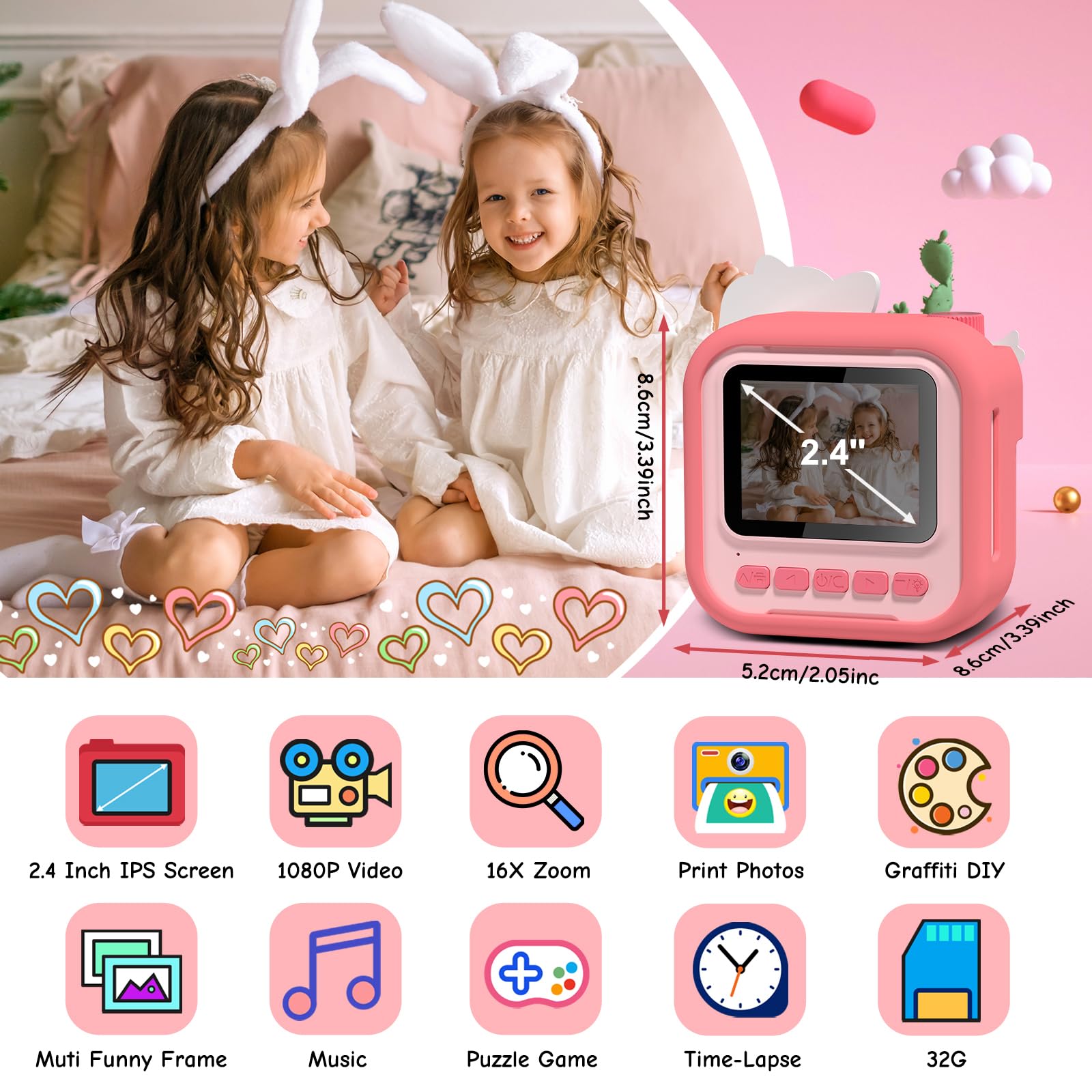 Macchina Fotografica Bambini Istantanea,Hangrui 12MP/1080P HD Fotocamera Bambini con Carta da Stampa e 32G,Fotocamera Digitale Stampa Istantanea, Regalo per Bambini dai 3-12 Anni-Rosa