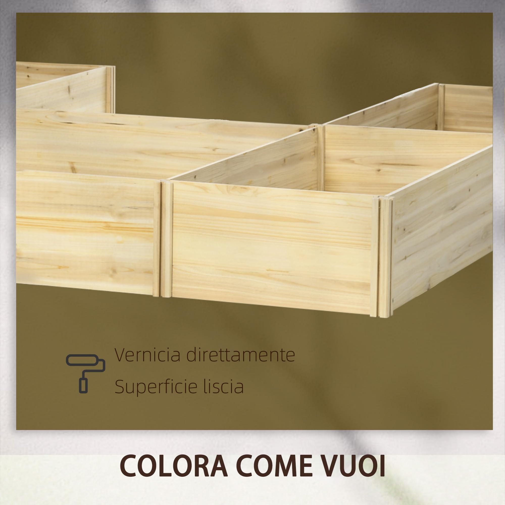 Outsunny Orto Rialzato da Esterno 5 Pezzi Componibili a Fondo Aperto, Orto da Balcone in Legno di Abete per Verdure, Piante e Fiori, 230x230x28 cm, Color Legno