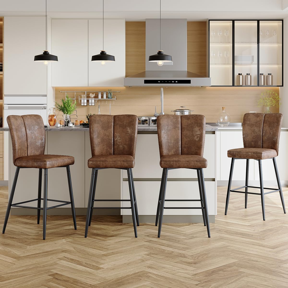 Counter Height Bar Stools Set of 4,27''Kitchen Island Stools with Back,Brown Barstools with Sturdy Metal Legs,Modern Bar Stools Ideal for Kitchen Island Pub Cafe(Fabric-Brown)