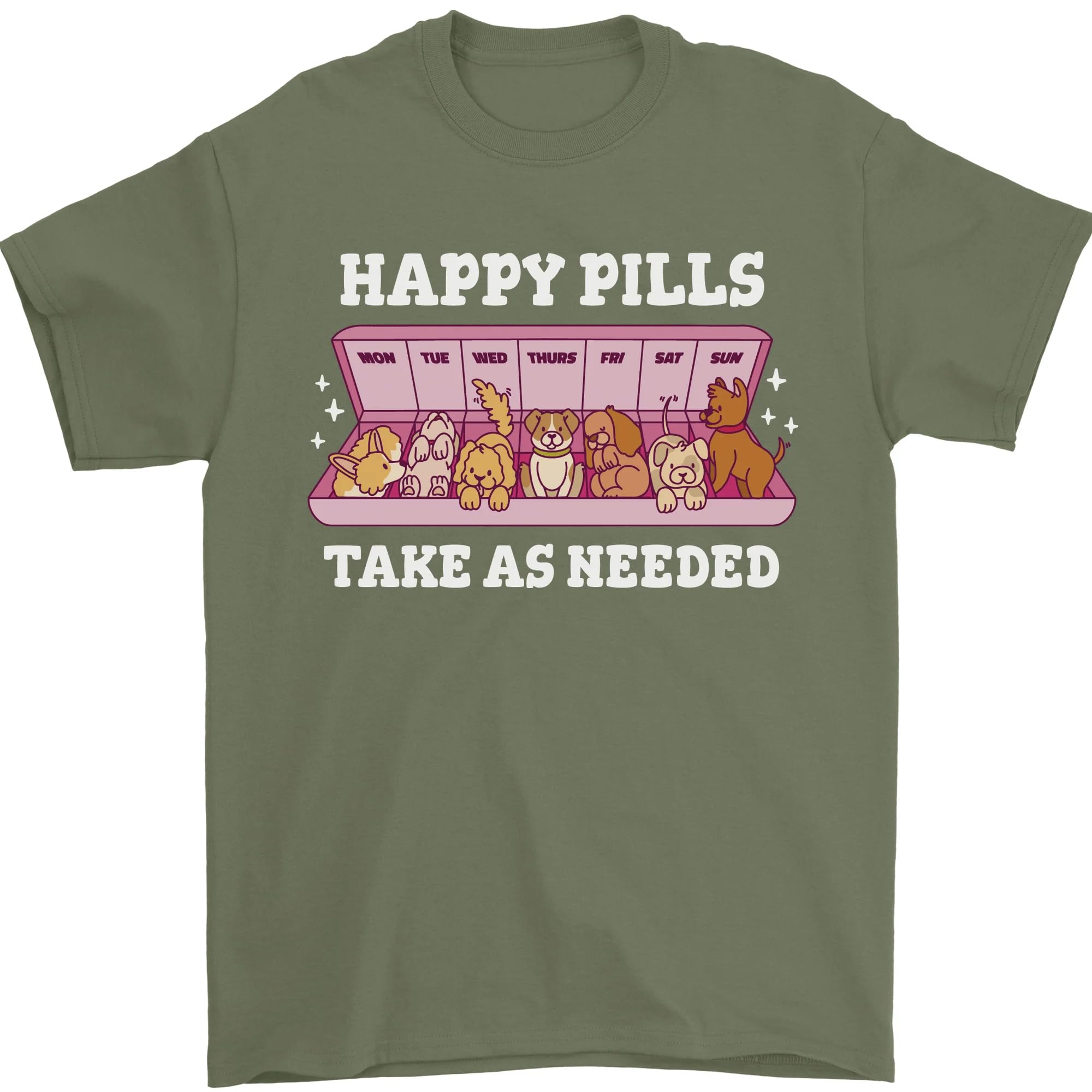 Happy Pills Antidepressants Dogs Mens T-Shirt 100% Cotton Military Green M
