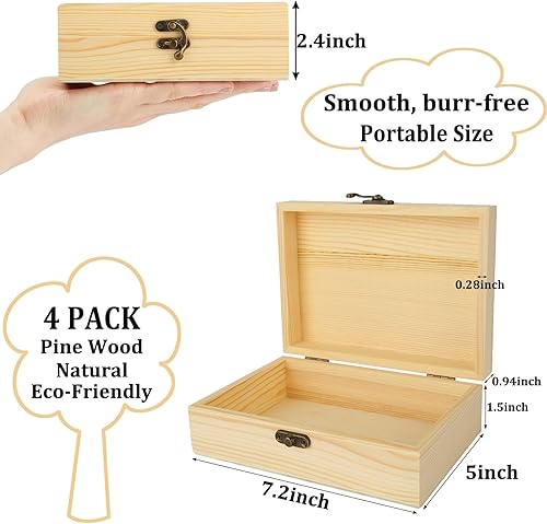 Miniatura 2 de Acrux7 Paquete de 4 cajas de madera sin terminar, caja de madera sin pintar de 7.2 pulgadas con tapa con bisagras, pequeñas cajas de almacenamiento