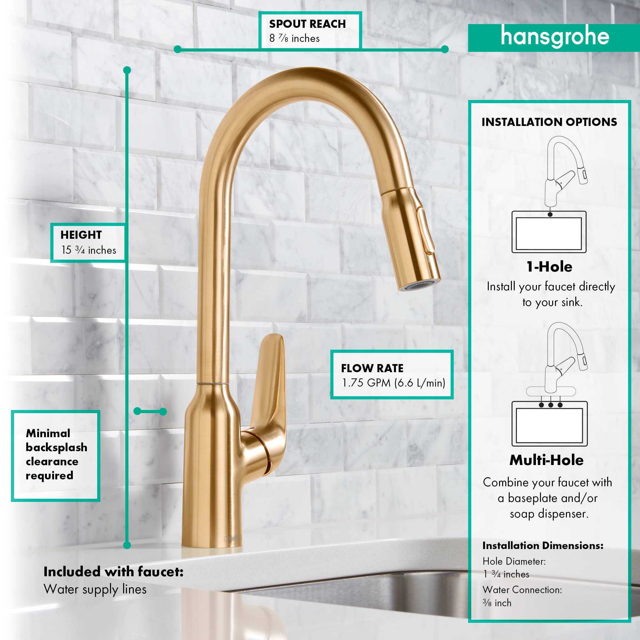 hansgrohe Focus N - Grifo de cocina de arco alto con 1 mango de 40,6 cm de alto, rociador de extracción fácil de limpiar en oro cepillado óptico, 71800251
