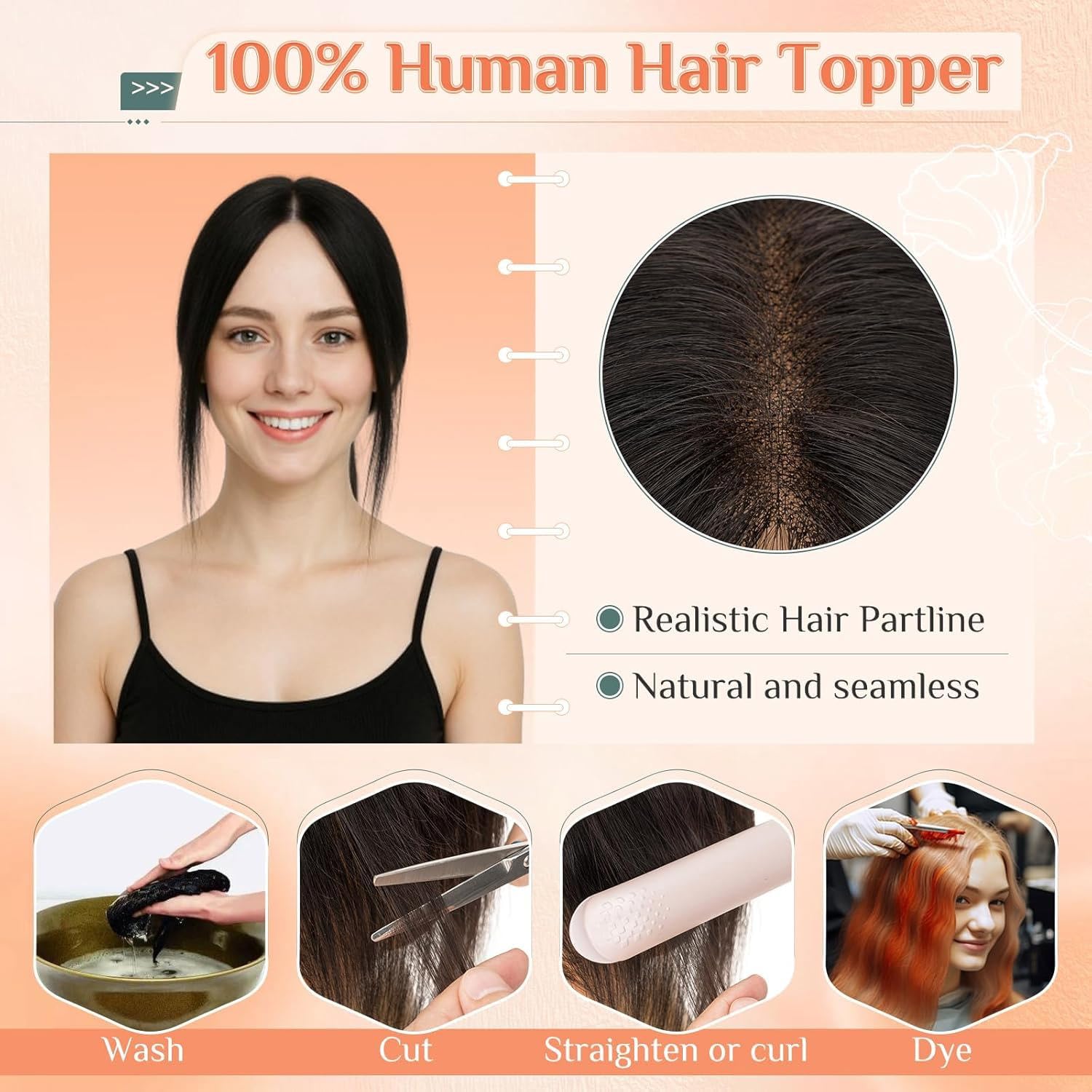 Benehair Haar Topper Damen Echthaar 100% Echtes Remy-Haar Haartopper Echthaar Oberkopf Damen #1B Natürliches Schwarz 21g 27 CM