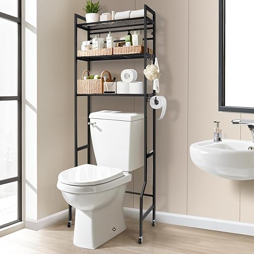 Miniatura 8 de IIQ Estante organizador de baño de metal de 3 niveles, almacenamiento sobre el inodoro, estante independiente sobre el inodoro con ruedas