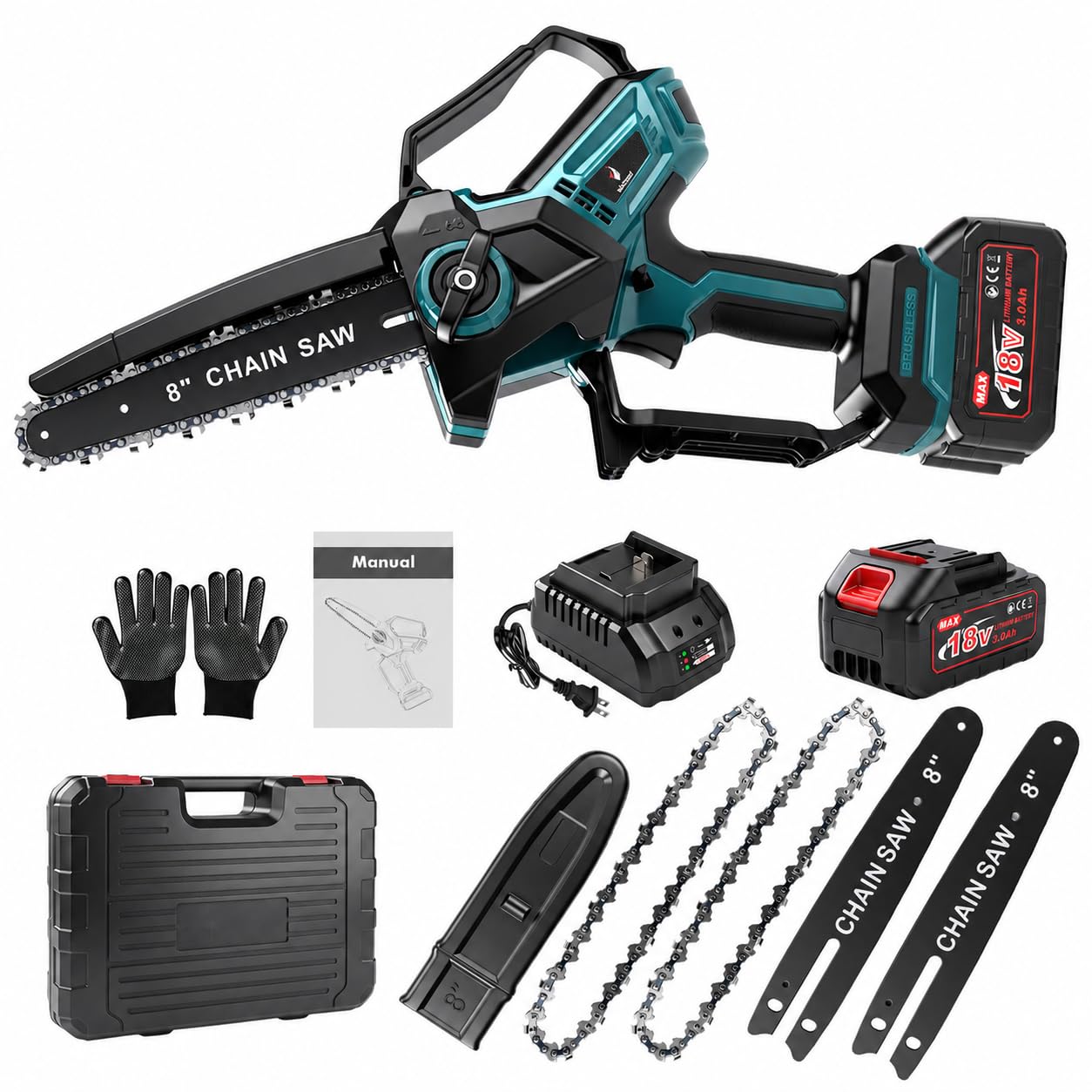 Motosierra Batería 8 Pulgadas, Mini Motosierra Inalámbrica 2x3000mAh, 18V | Motosierra Eléctrica, con 2 Cadenas, Tensión de Cadena y Lubricación sin Herramientas, Brushless, para Jardinería y Árboles