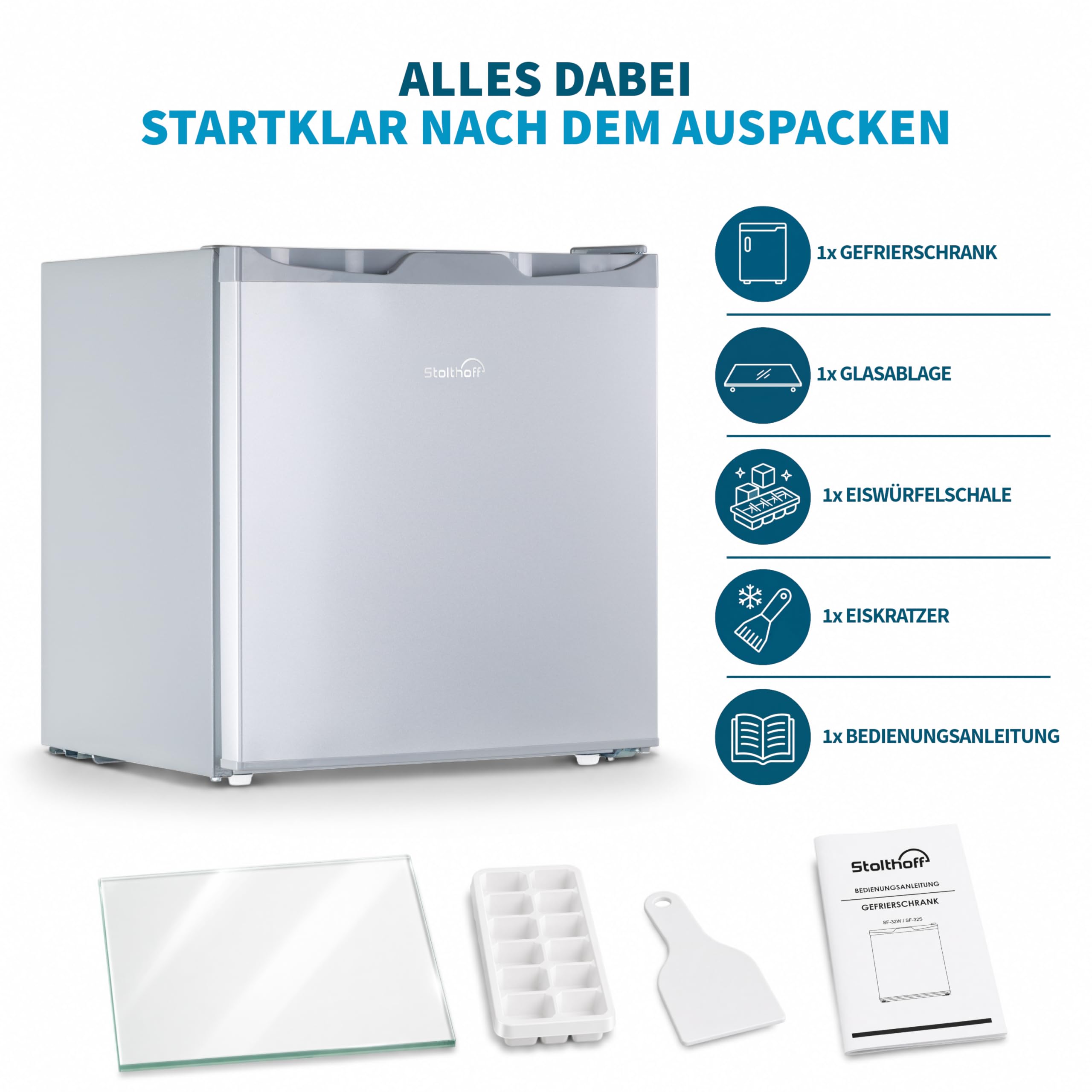Mini Gefrierschrank 32 L, Glasablage, 4-Sterne-Gefrierbox bis -18 °C, kompakter Tiefkühlschrank, leise 39 dB, manuelle Temperaturregelung, freistehend, Silber