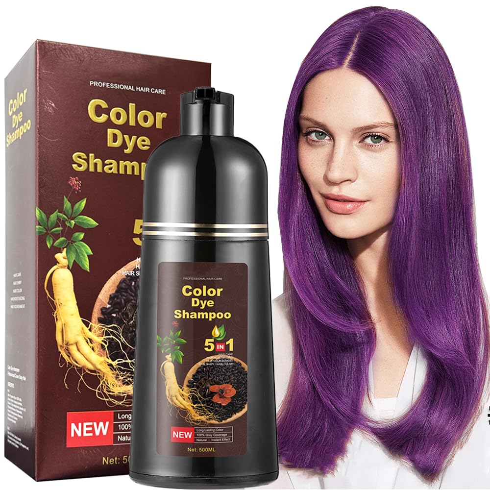 Instant Natural Brown Hair Color Shampoo - 5 in 1 for Gray Hair 100% Coverage in 10-15 mins, Long Lasting, 500ml (Purple)