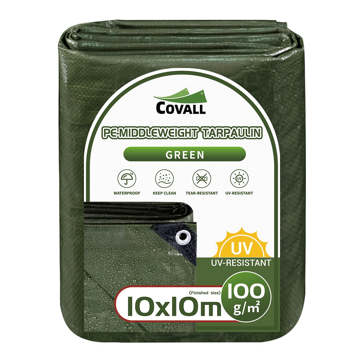 Covall Tarpaulin Waterproof Tarp Medium-Duty Groundsheet Sheet Cover 10x10m with eyelets 100g/m² Green Weatherproof Windproof UV-Resistant Tent Pool Roof Sandbox Boats Truck RV Car tarp — image 1